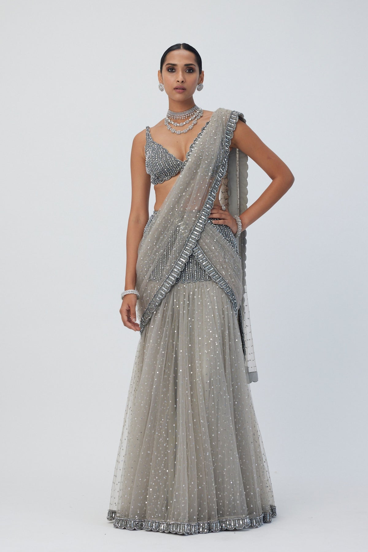 Grey Sequin Pre Draped Saree Set
