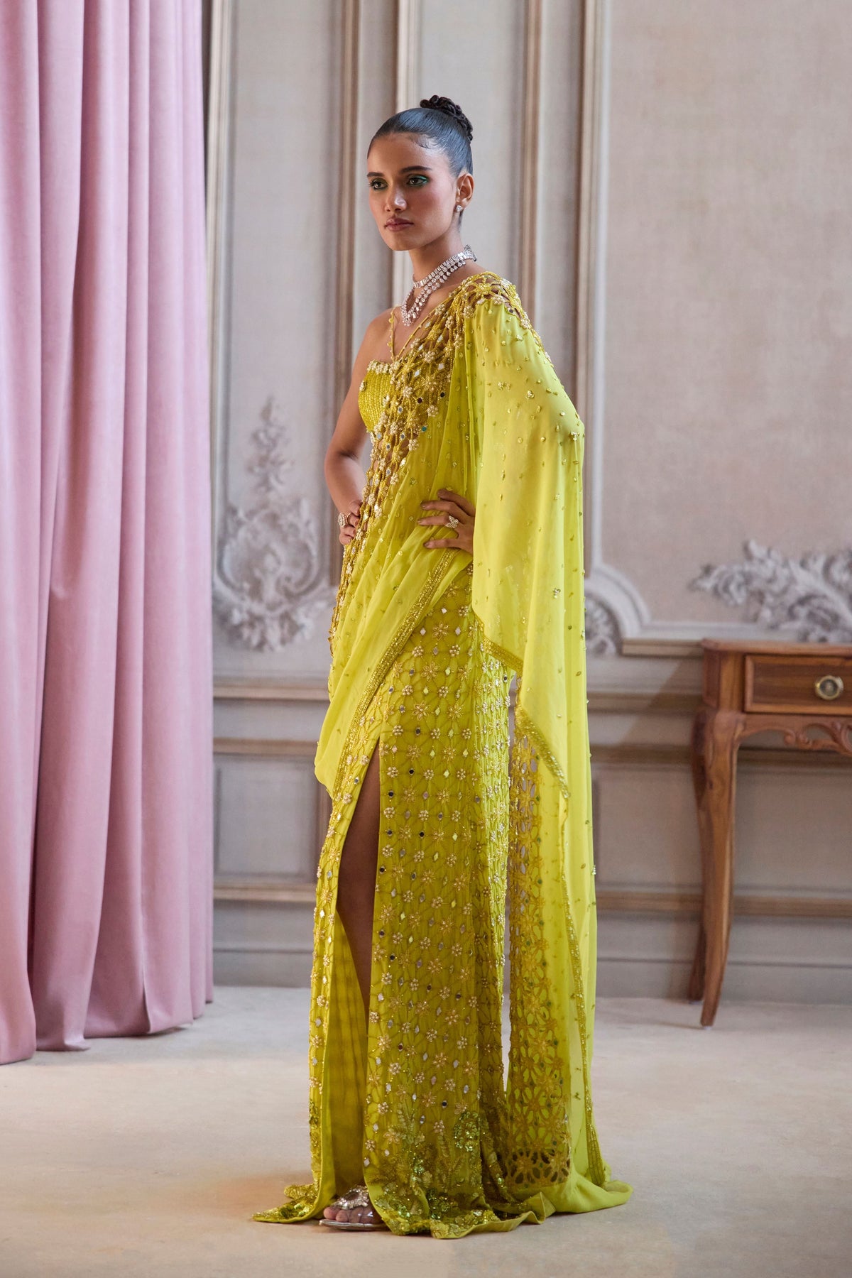 Neon Green Slit Saree Set