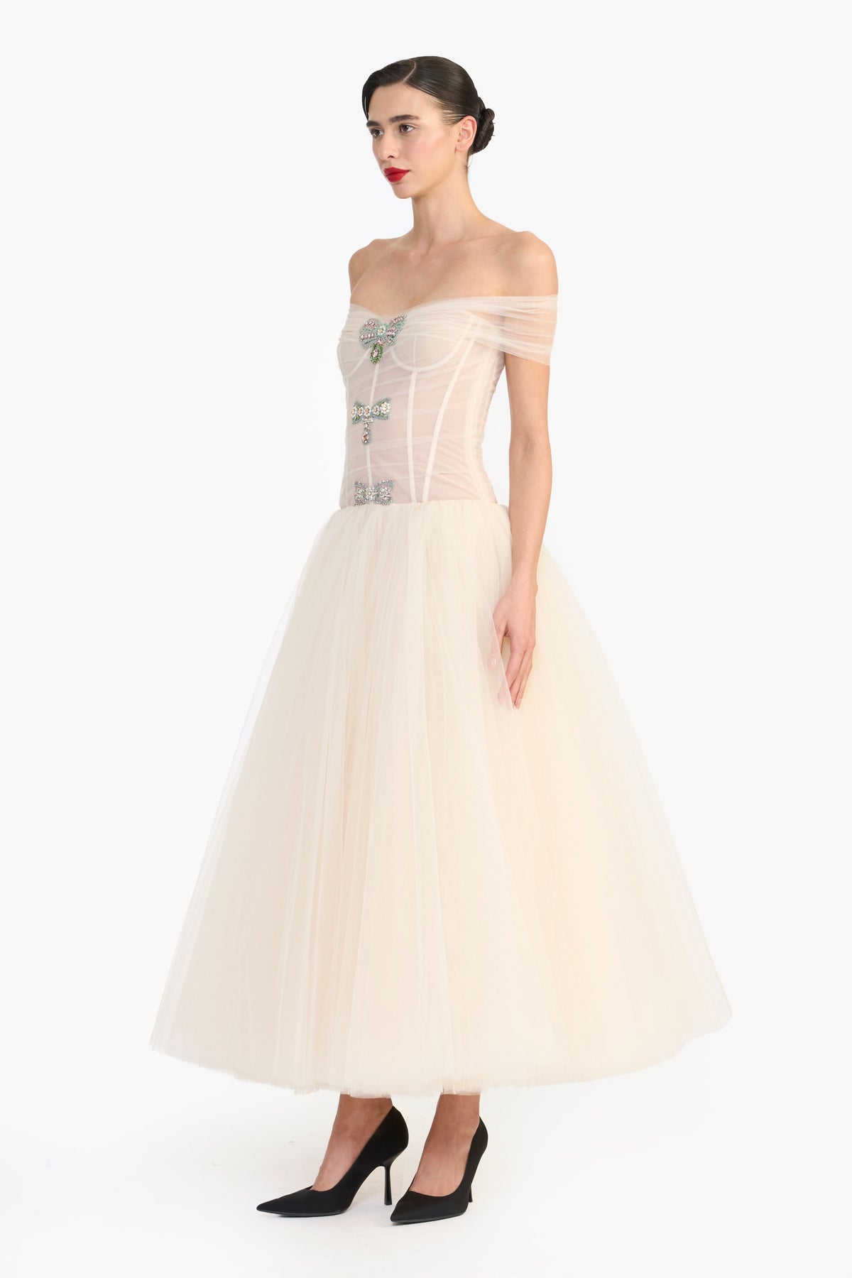 Off Shoulder Crystal Bow Midi