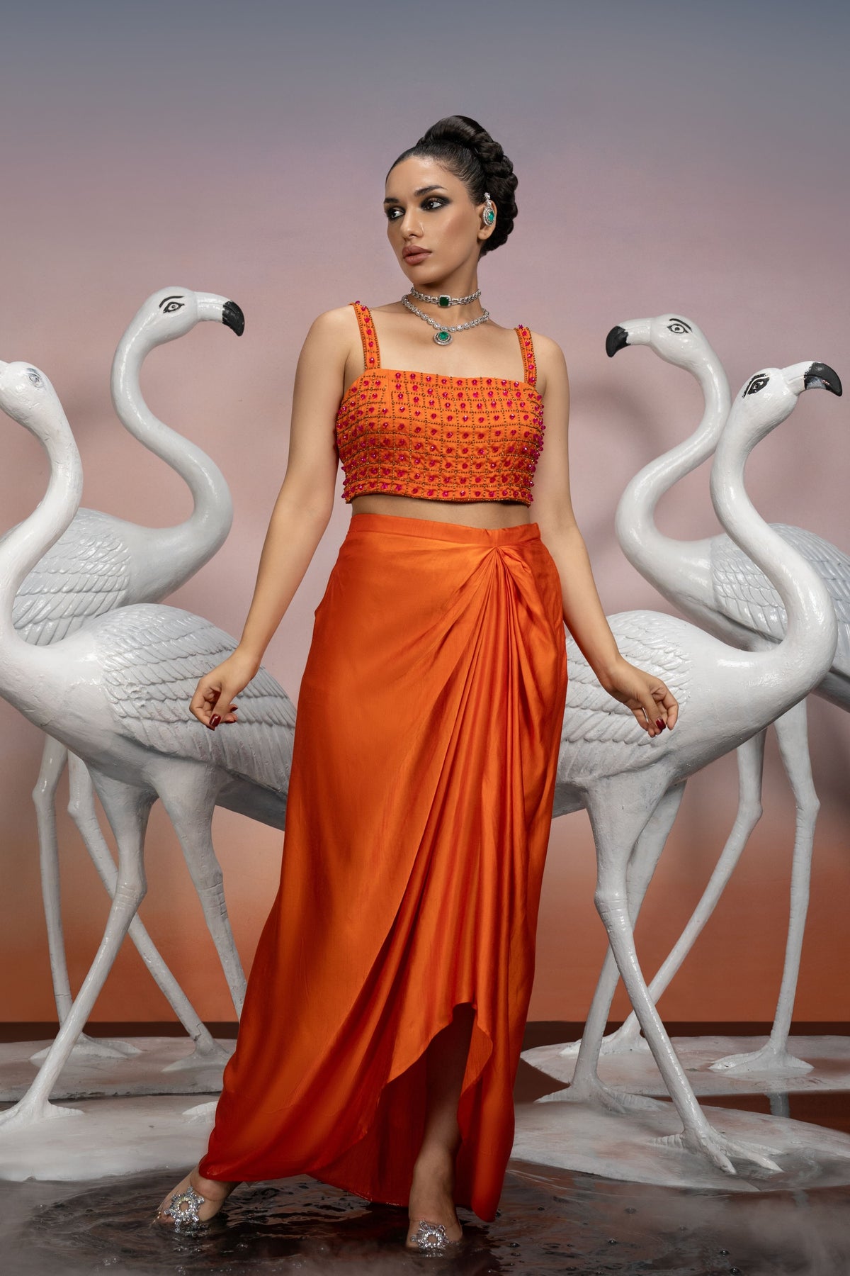 Orange Draped Skirt Set