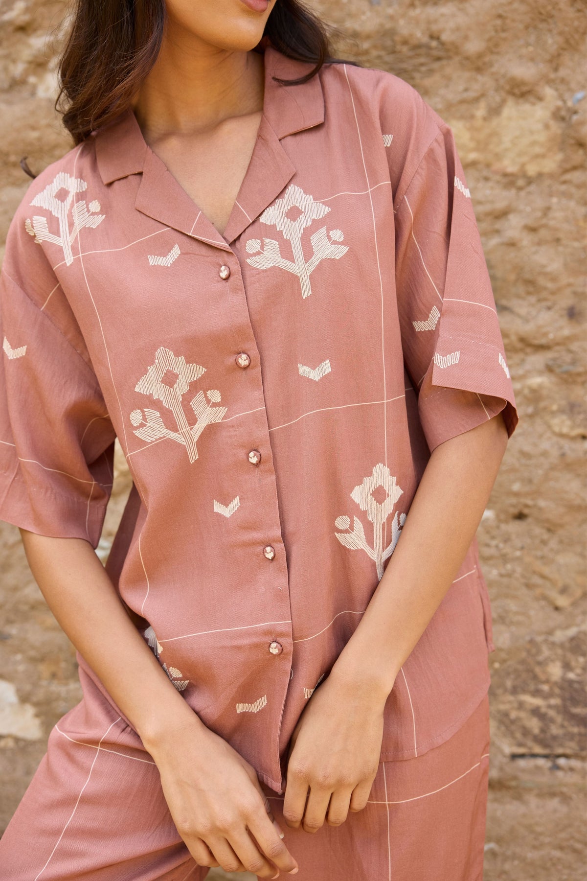 Brown Embroidered Drop-shoulder Shirt
