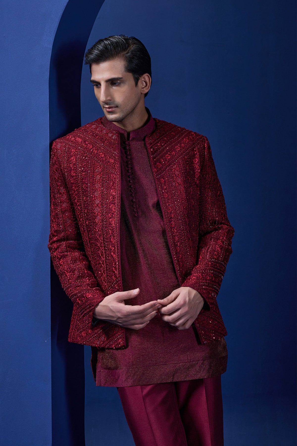 Wine Pearl Bandhgala Set