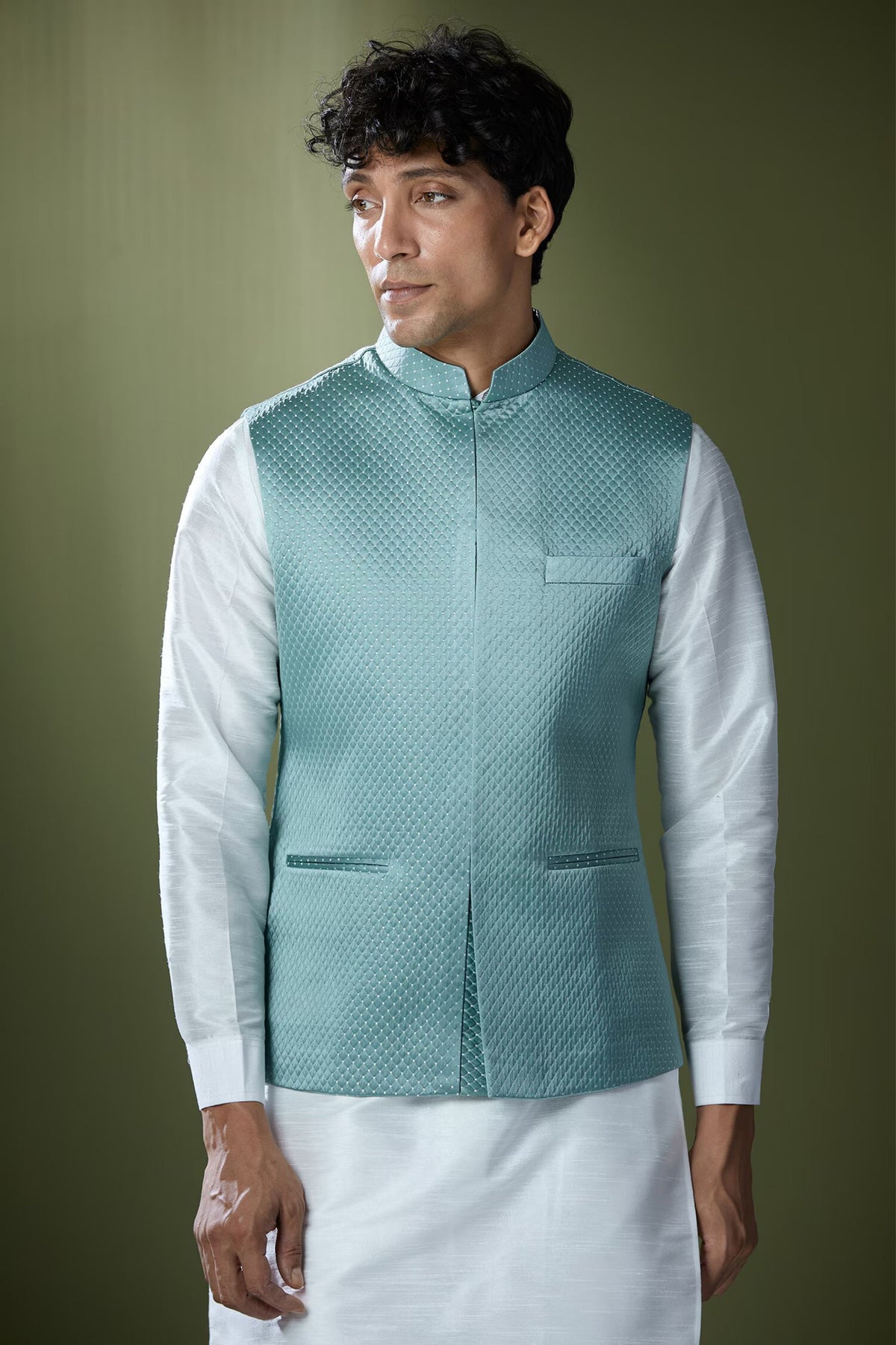 Teal Blue Quilted Nehru Jacket Set