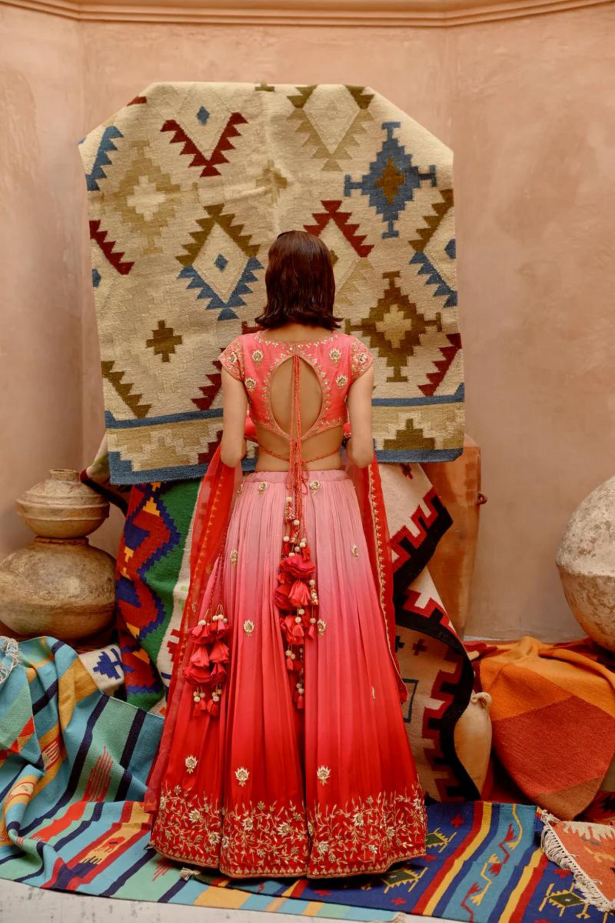 Red and Coral Ombre Lehenga Set