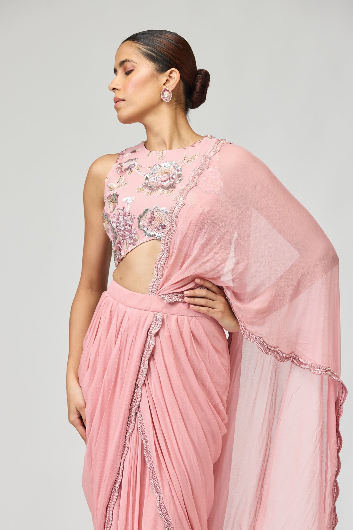 Light Pink Silk Chiffon Saree Set