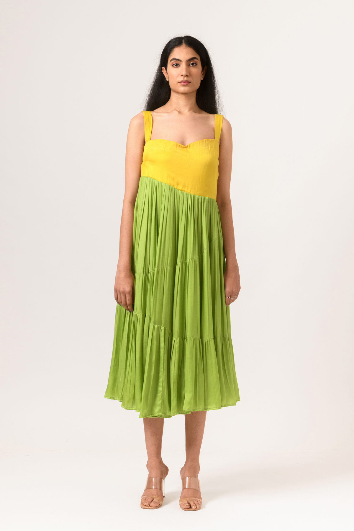 Yellow green asymmetrical gather dress