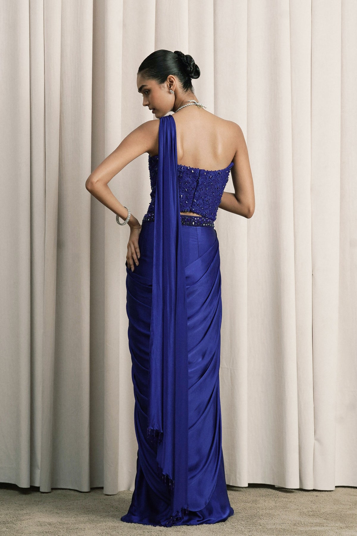 Royal Blue Chantilly Draped Saree Set