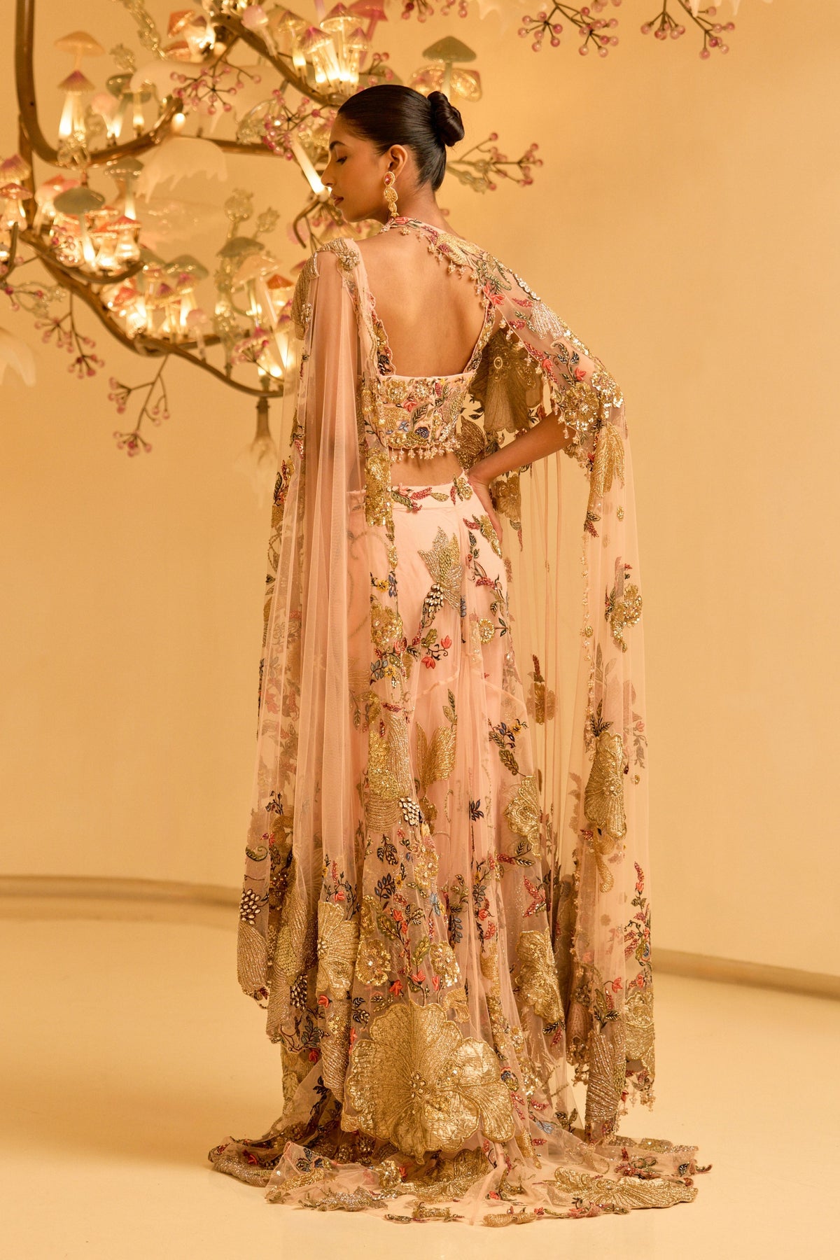 Botanical Draped Saree With Cape