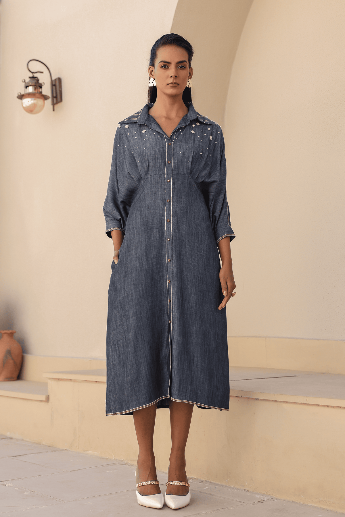 Azure Pearl Kaftan Dress in Dark Blue