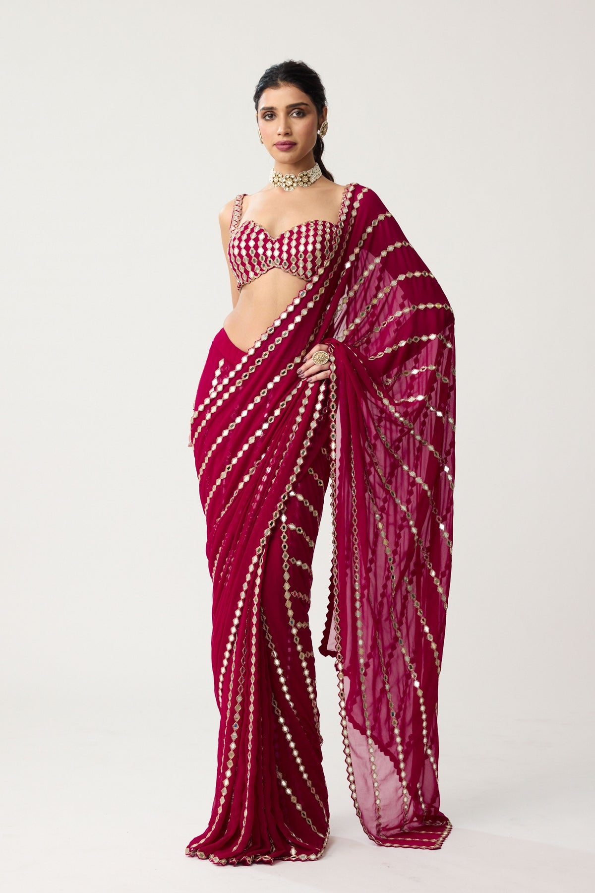 Ruby Red Draped Saree Set