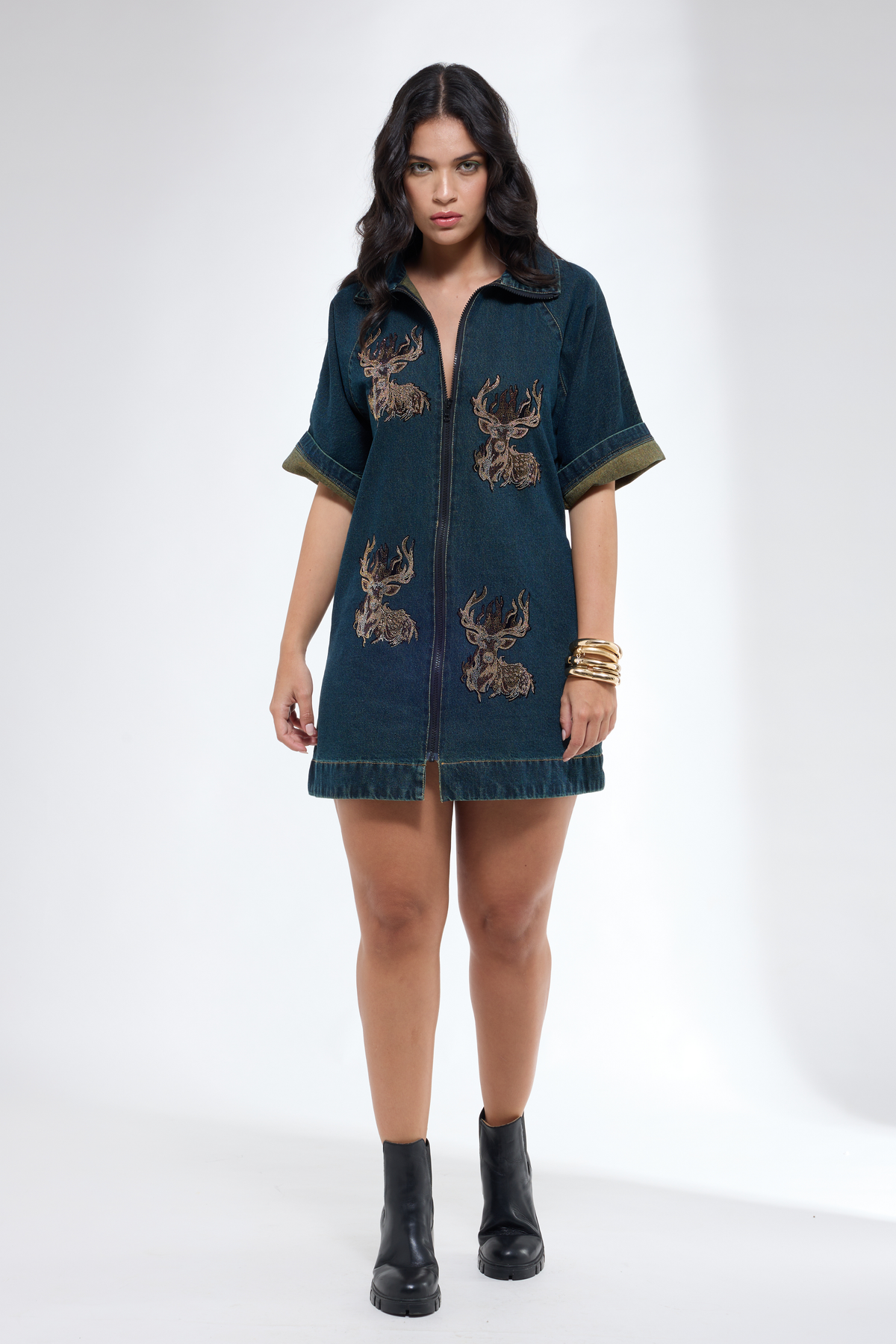 Denim Reindeer Motif Dress