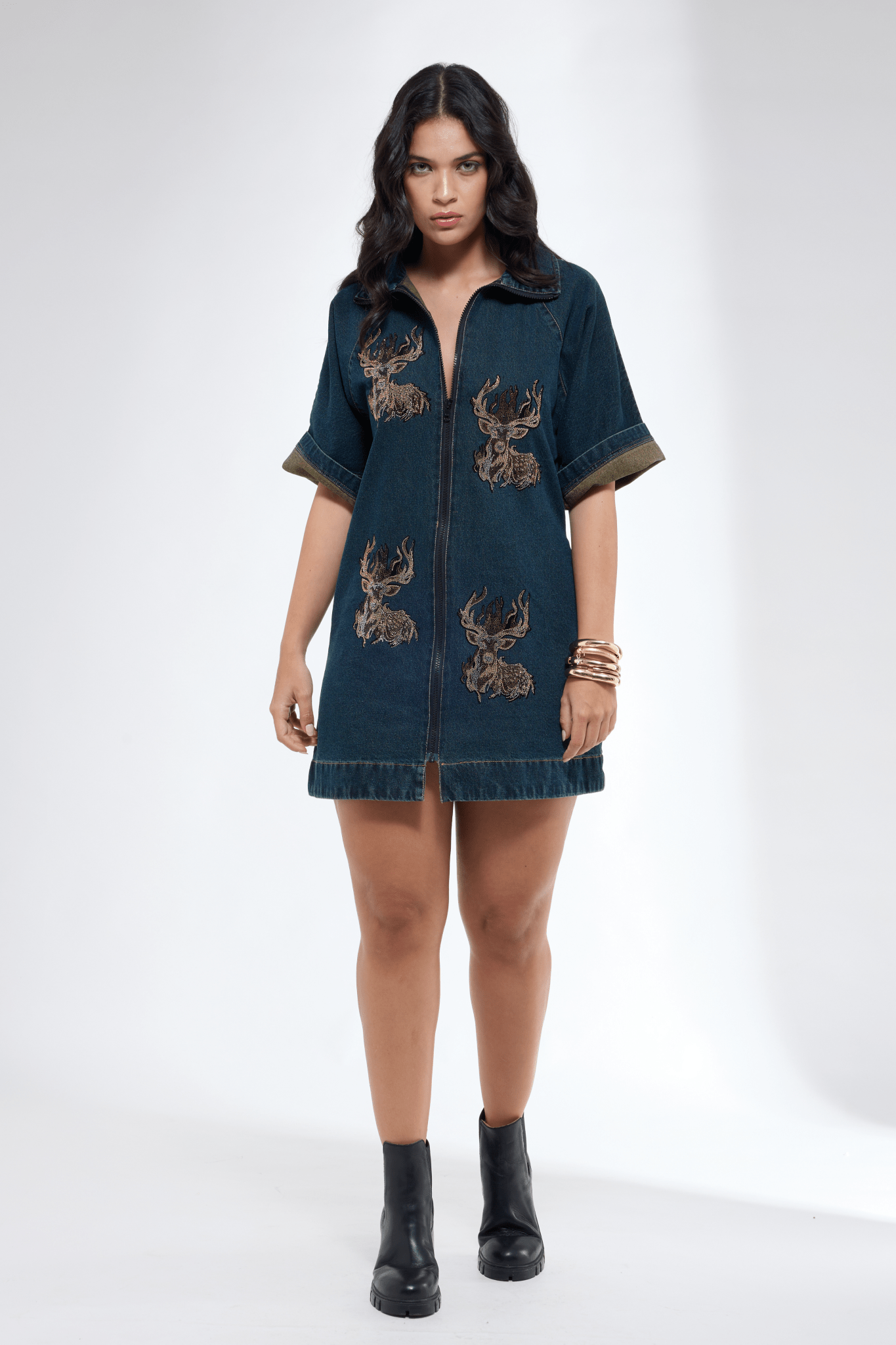 Denim Reindeer Motif Dress - Krati Jain - Elahe