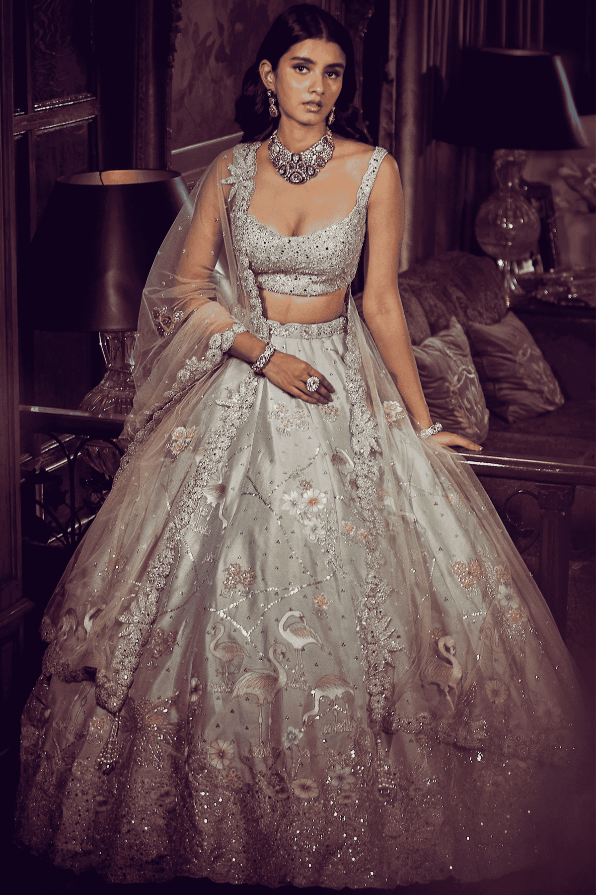 Ice Blue Flamingo Landscape Lehenga Set