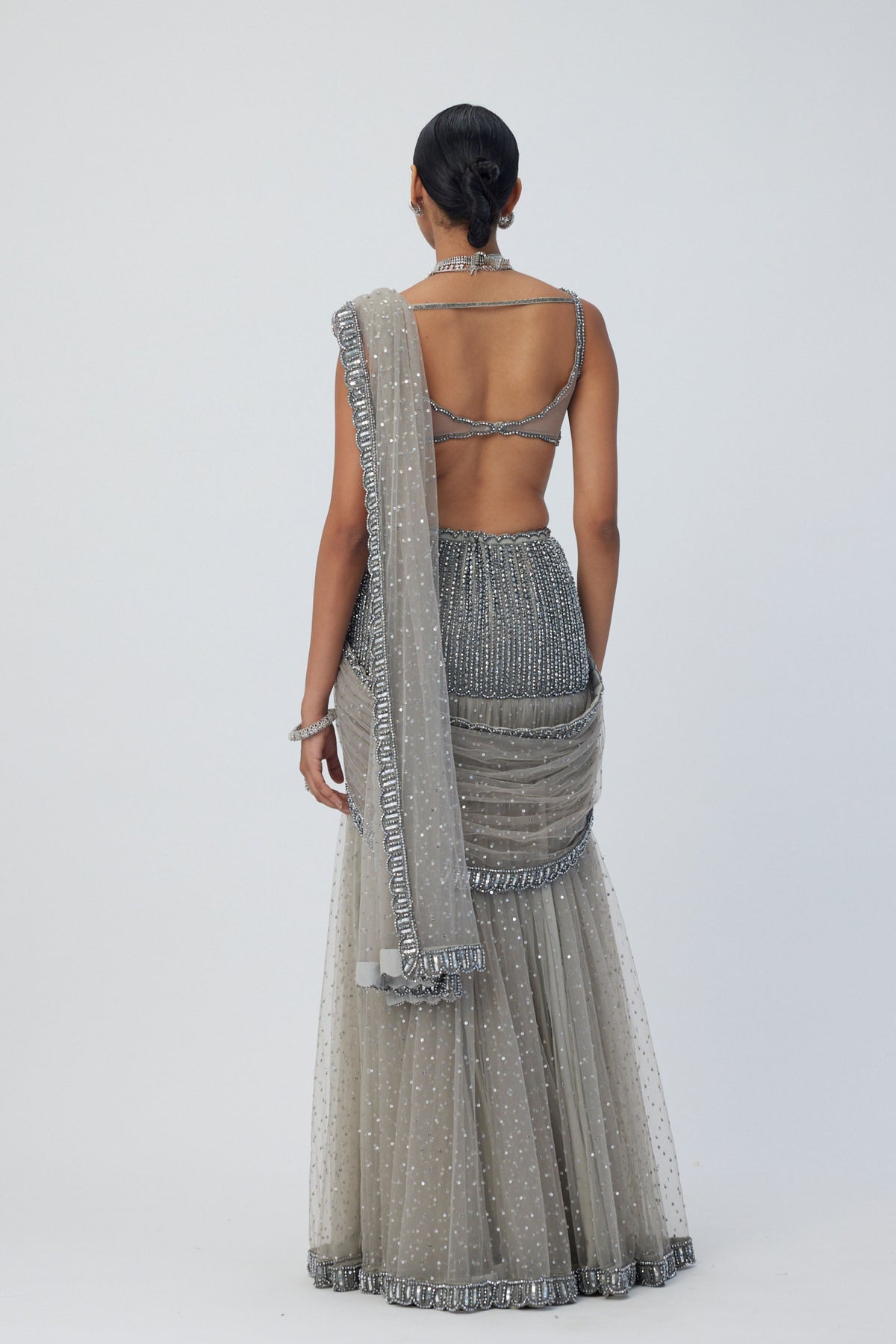 Grey Sequin Pre Draped Saree Set