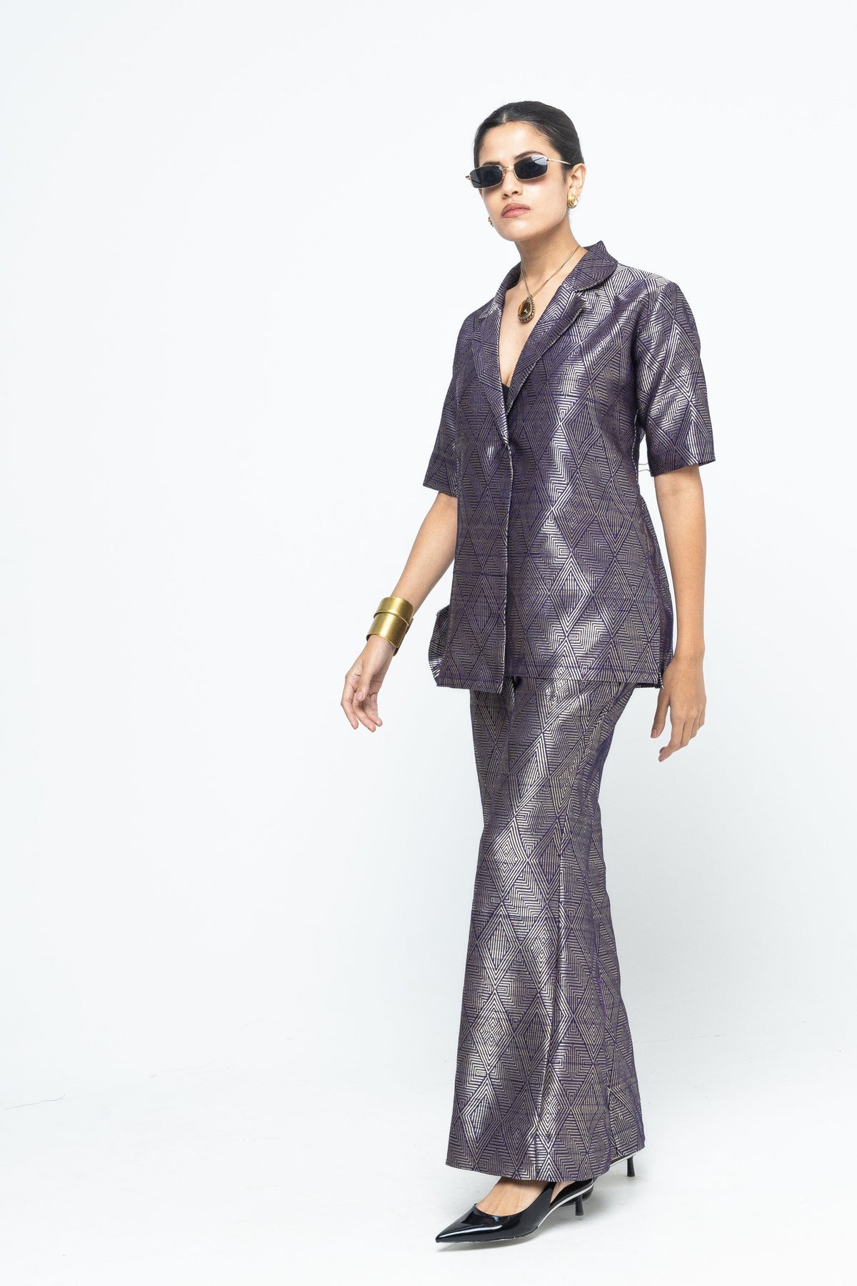 Metallic Purple Wrap Blazer Set