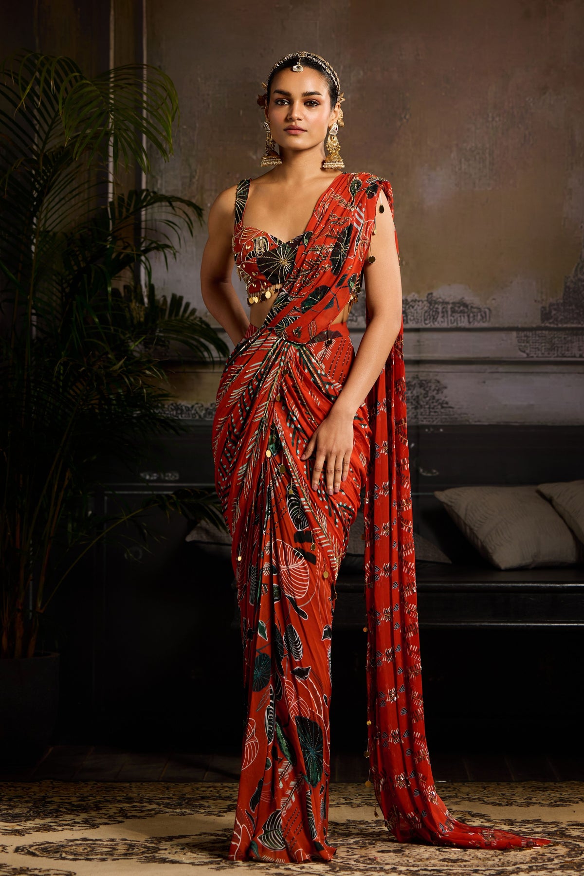 Rust Printed Draped Saree Set