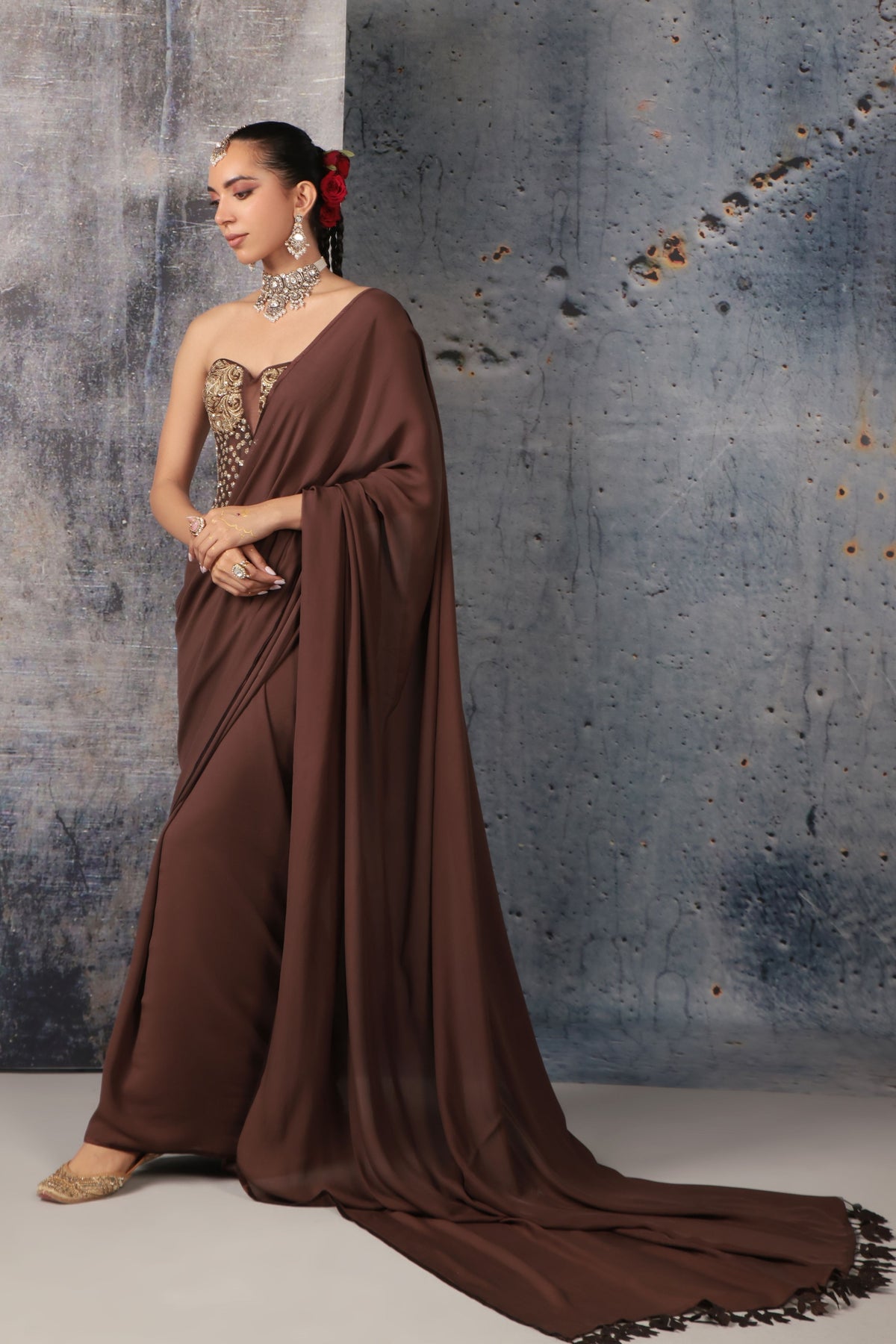 Brown Corset Saree Set