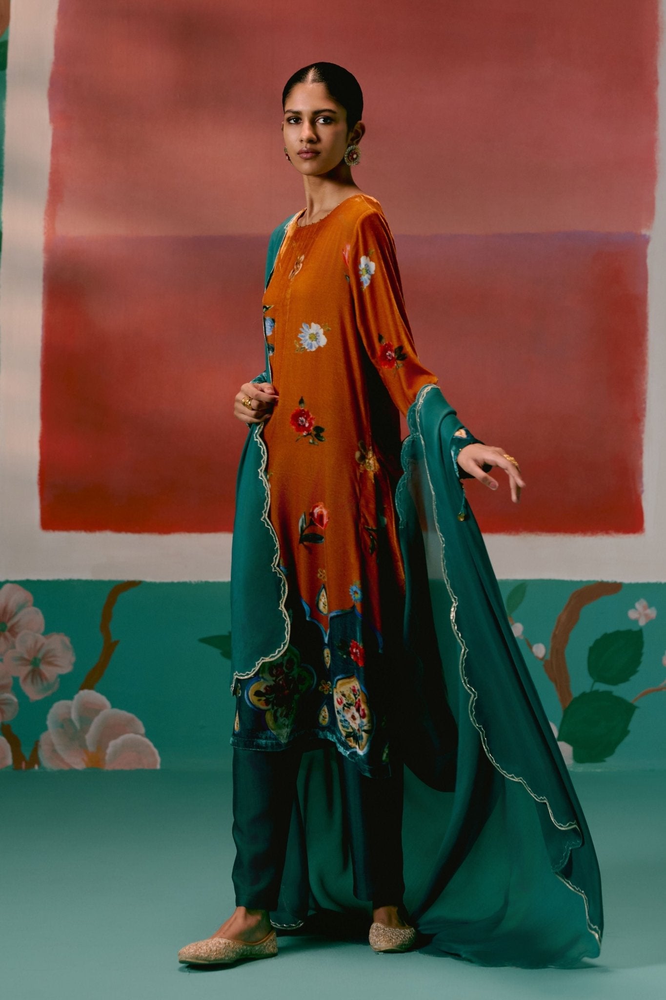 Mustard Teal Kurta Set - Label Mogra - Elahe