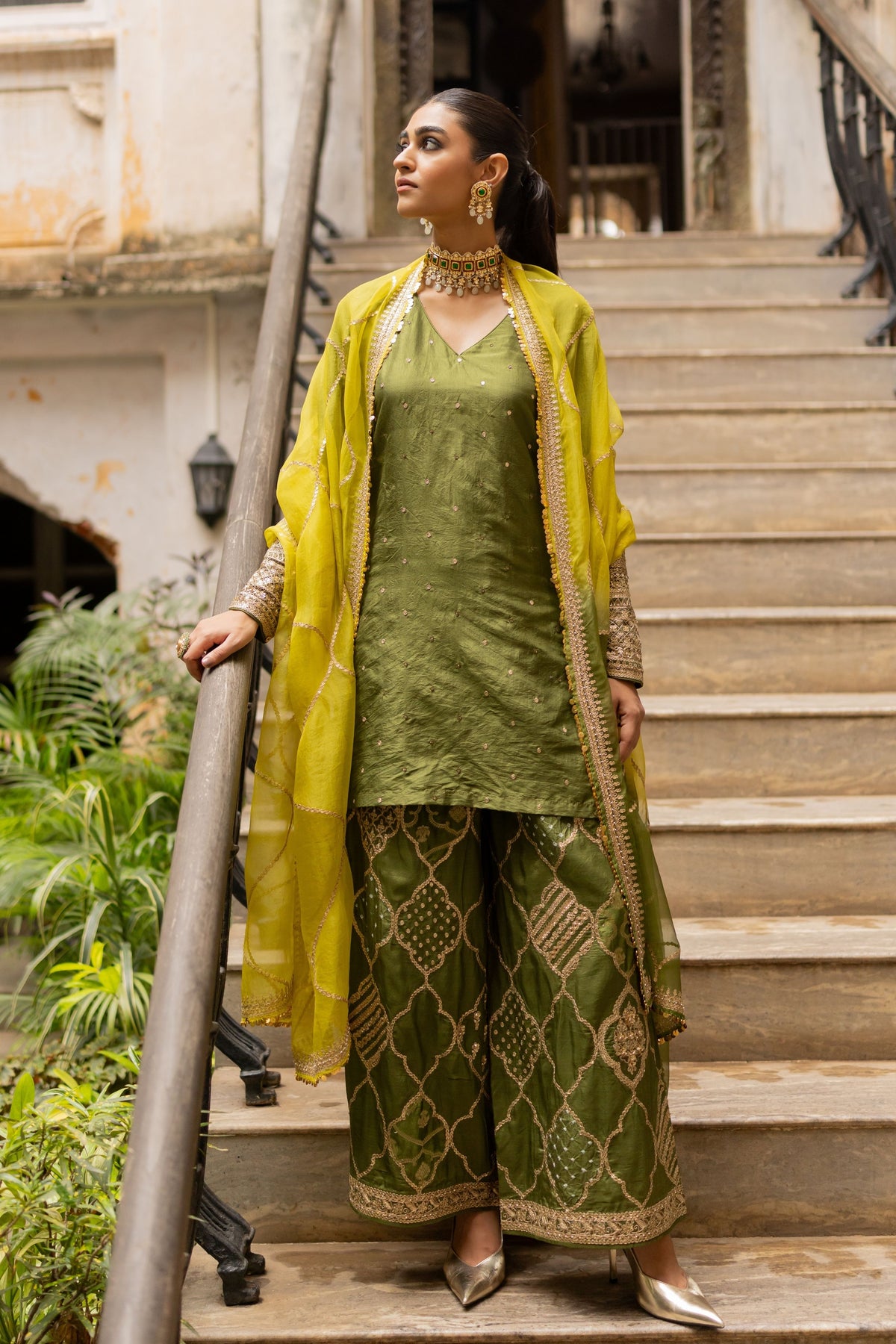 Lime olive Jaal Dupatta