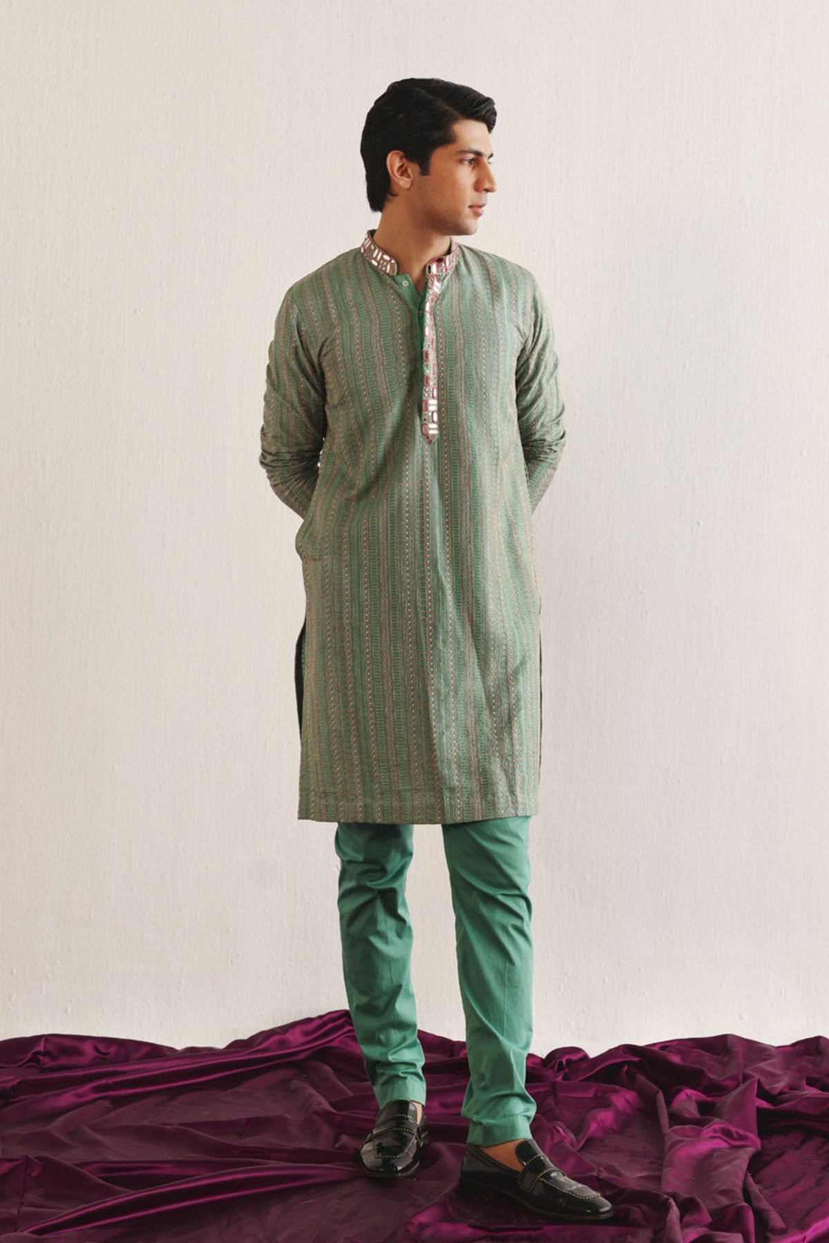 Sea Green Kantha Work Kurta Set