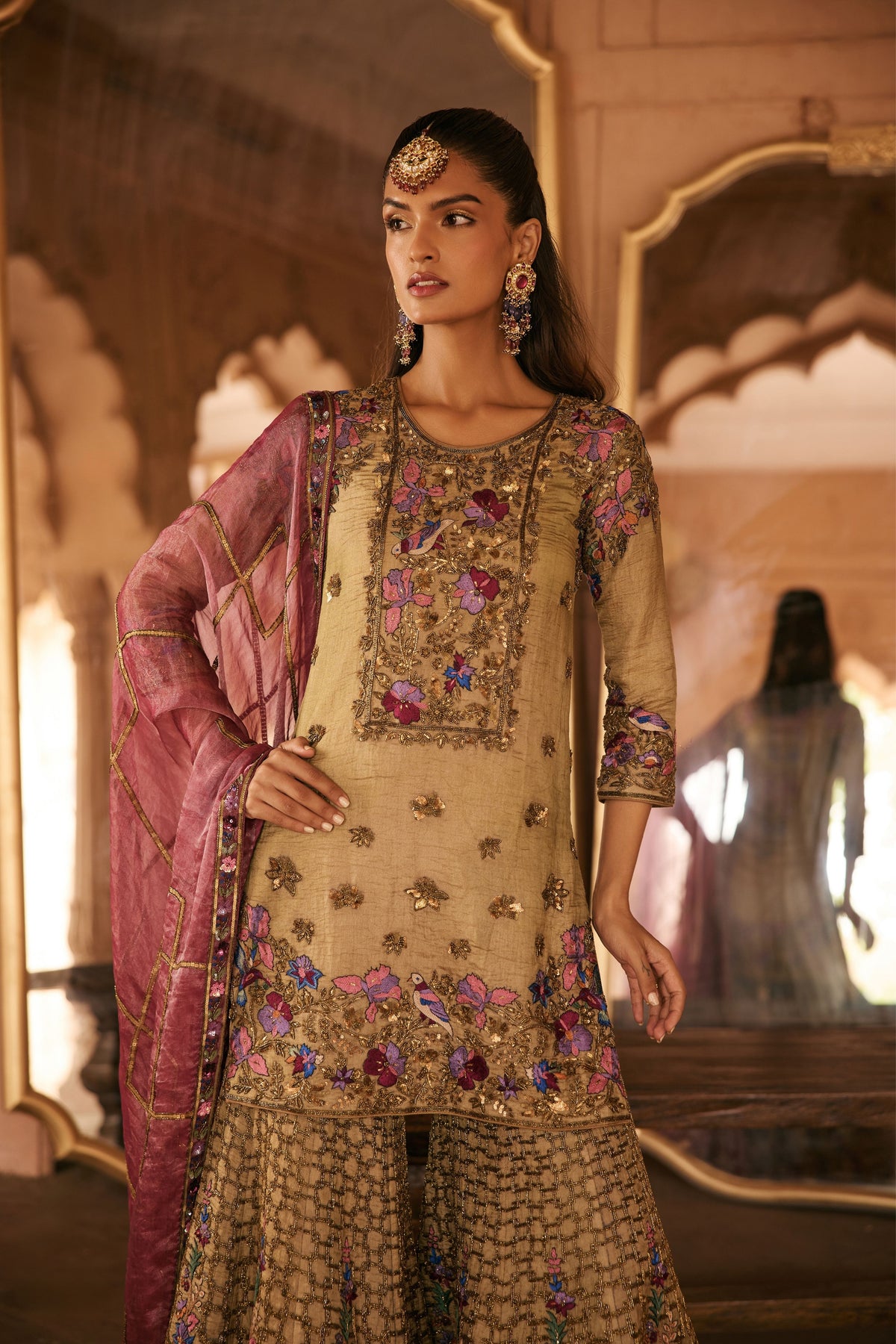 Resham Embroidery Gold Sharara Set