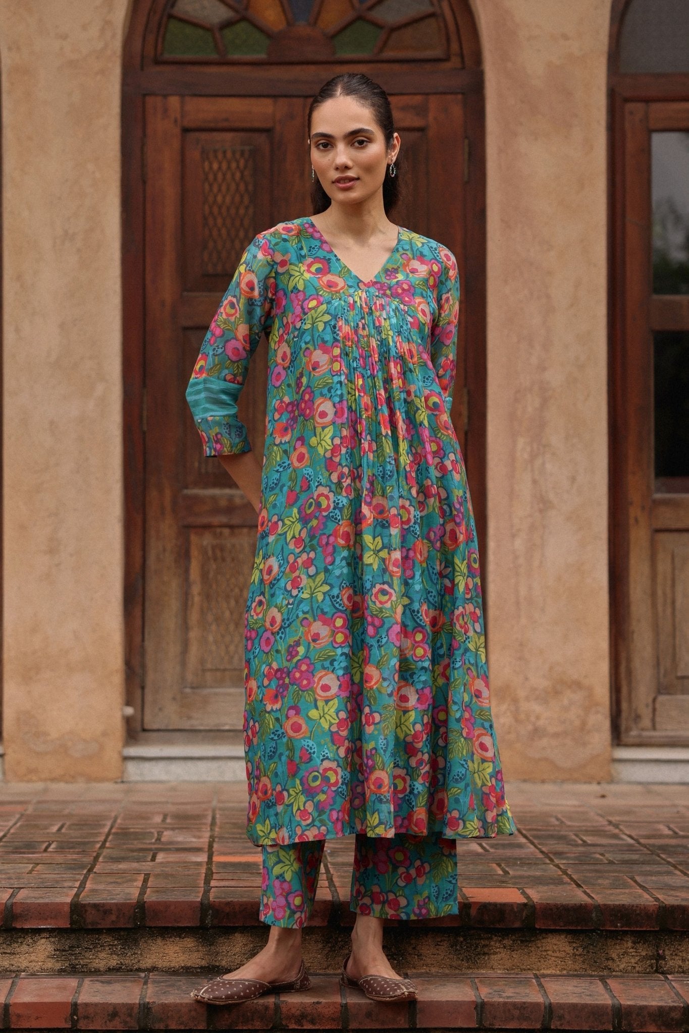Teal Bloom Kurta Set - Vaayu - Elahe