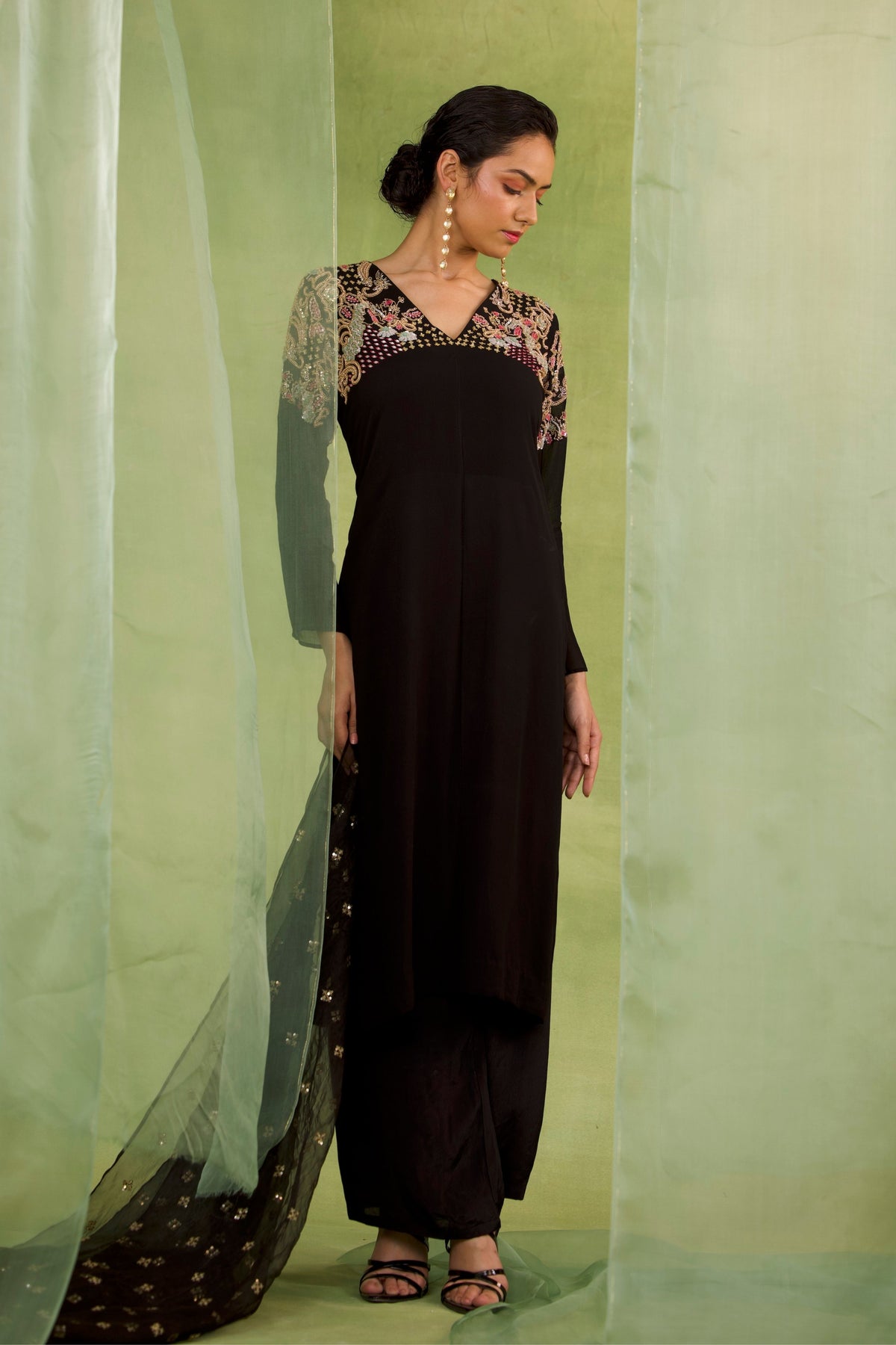 V Neck Black Organza Set