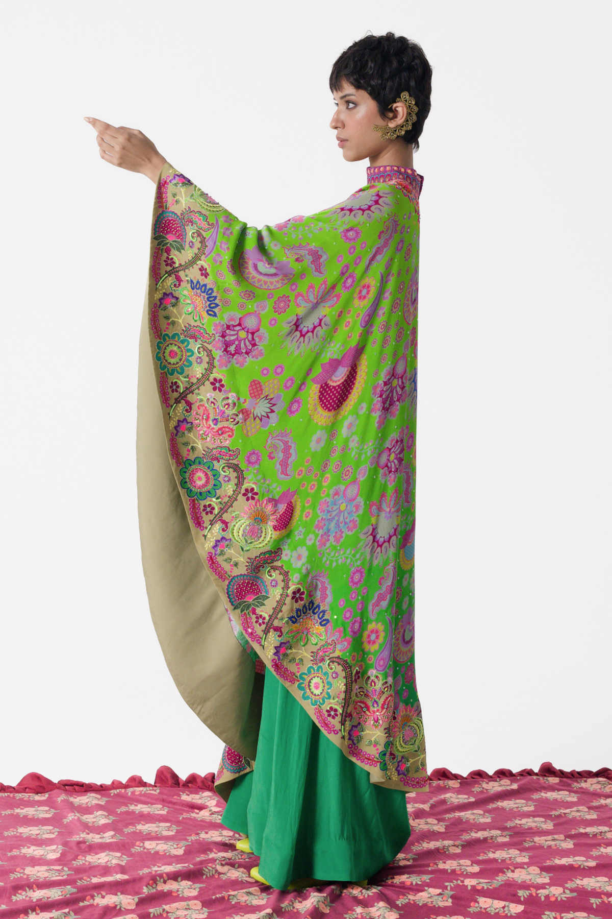 Neon Grean Embroidered One Shoulder Dress and Jumpsuit