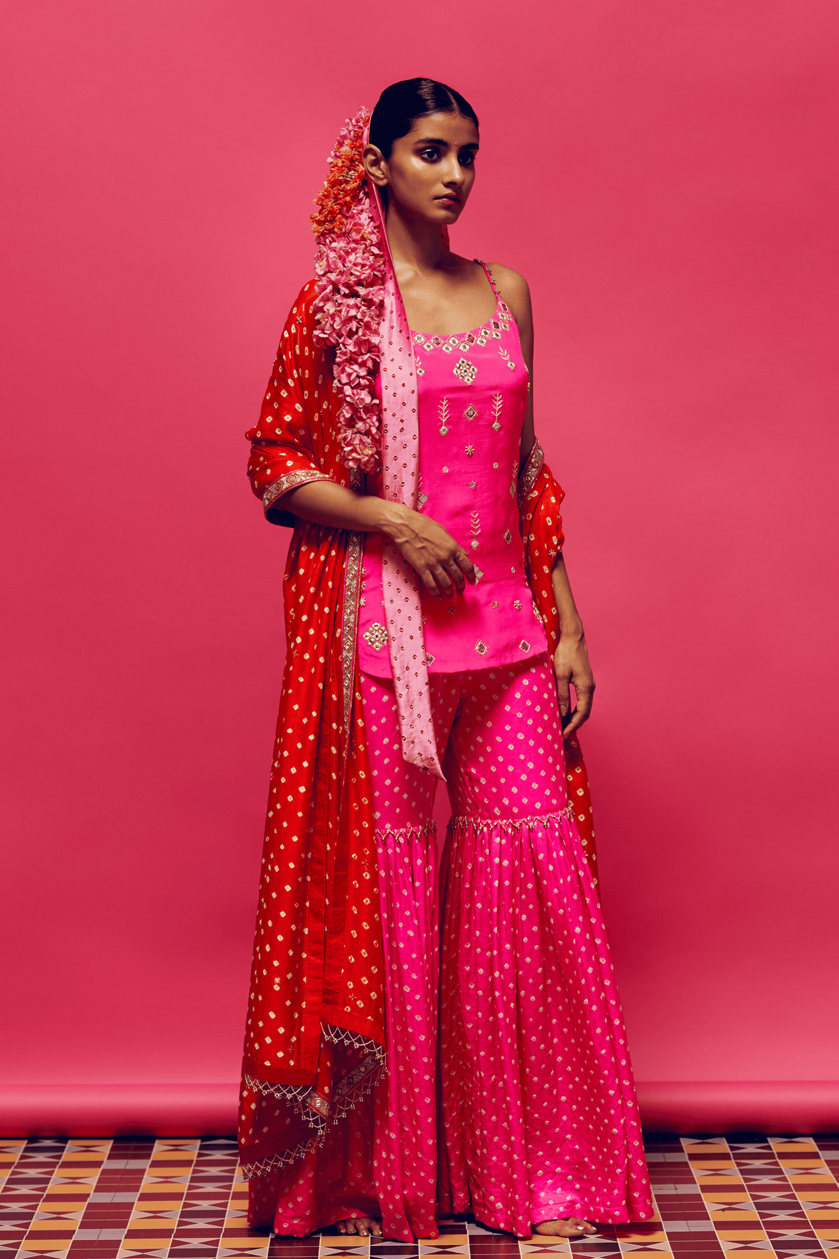 Neon Pink Embroidered Gharara Set