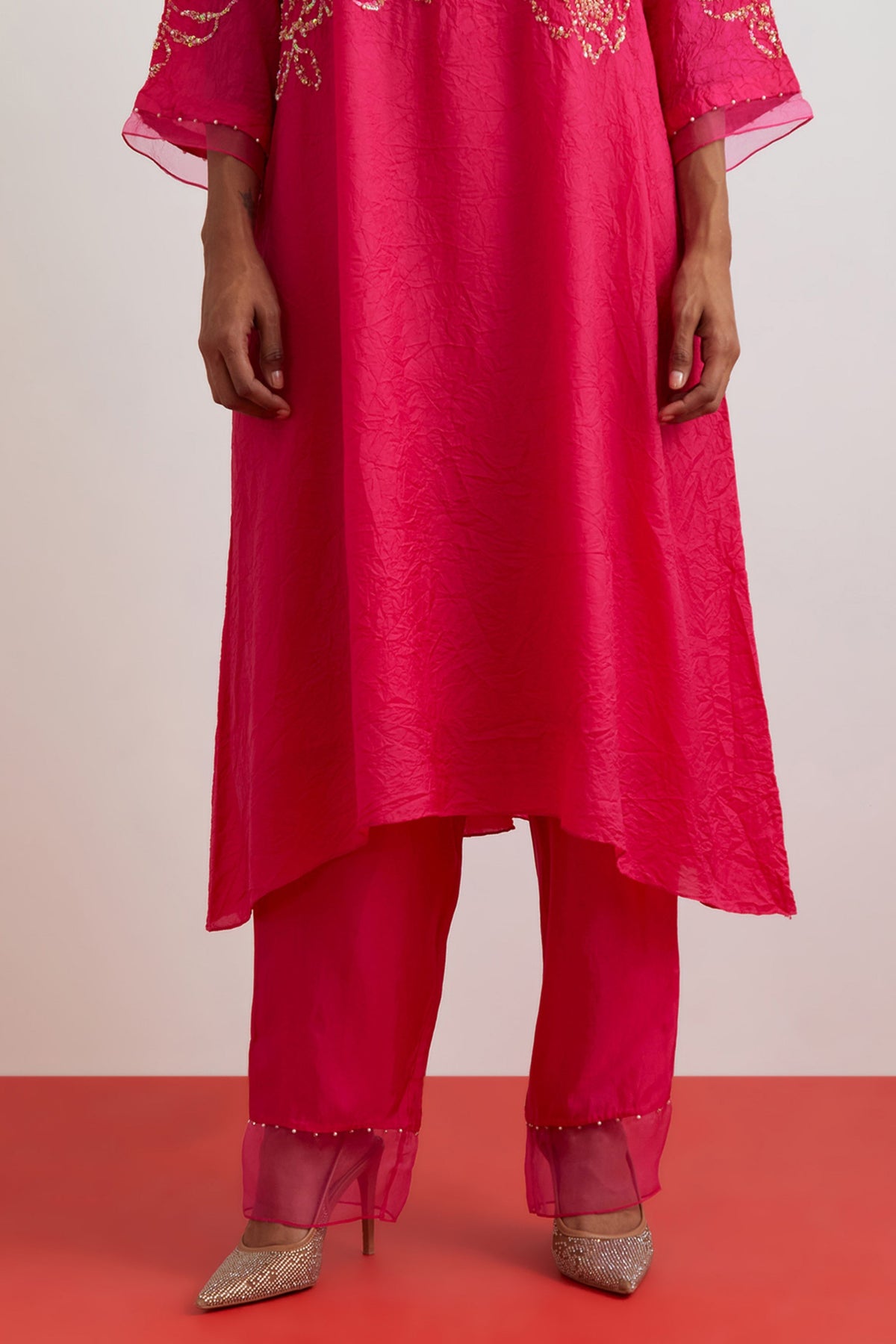 Hot Pink Floral Encrusted Kurta Set