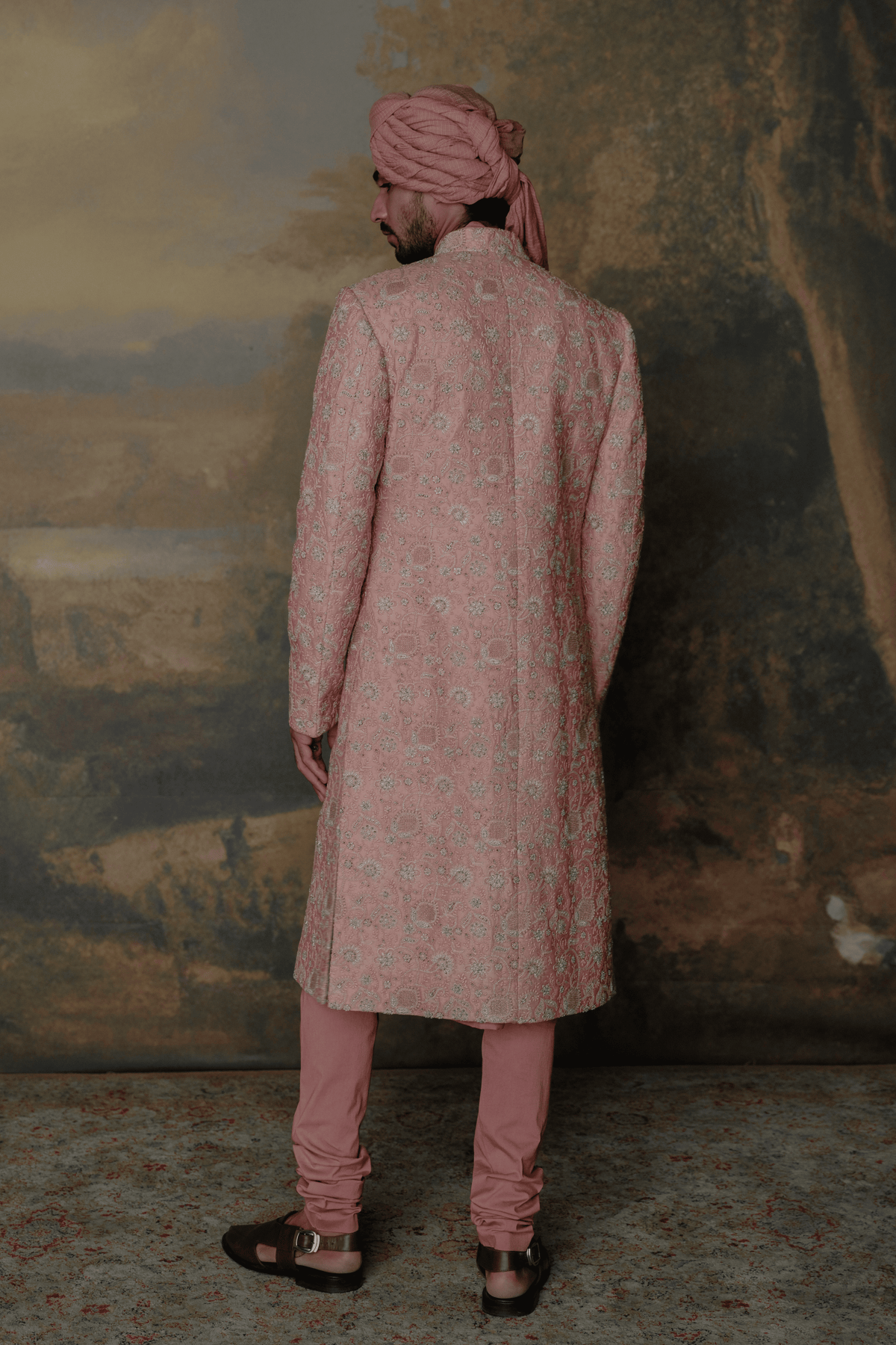Peach Sherwani Set With Pagdi