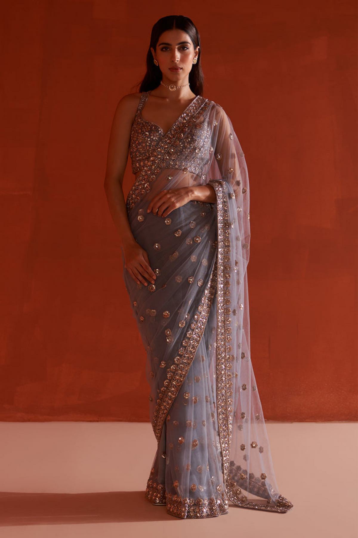 Grey Net Saree