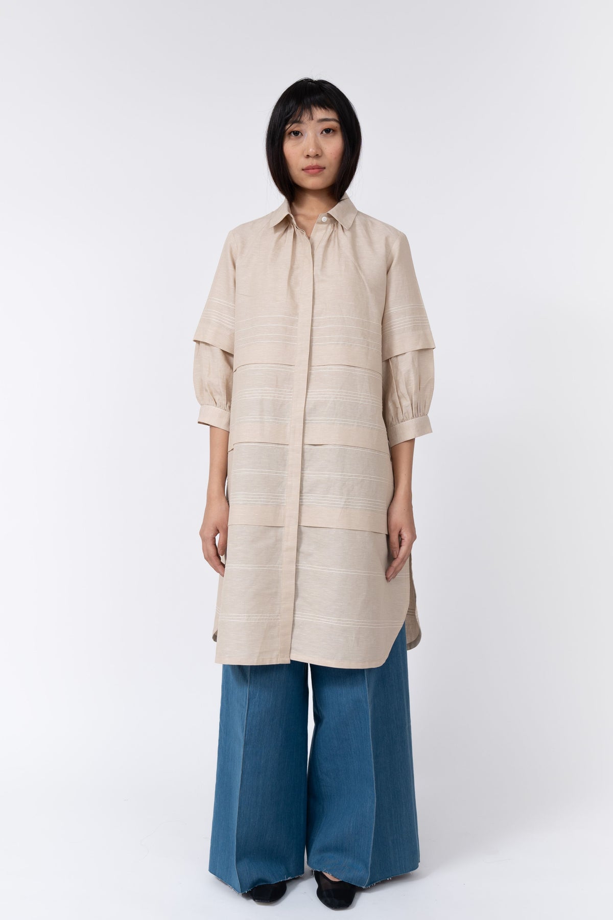 Pleated Fence Beige Shirt Dress