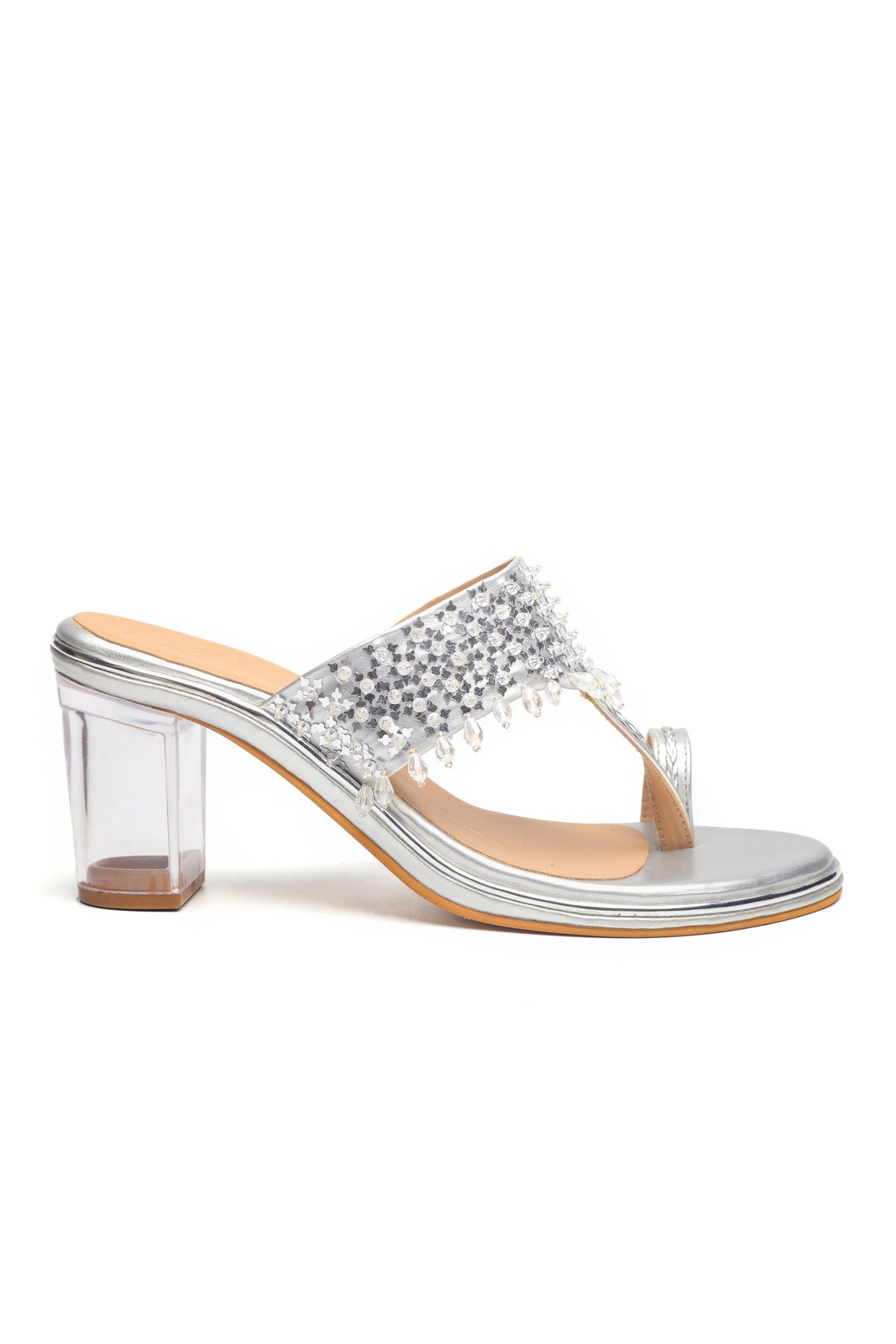 Embroidered Silver Block Heels