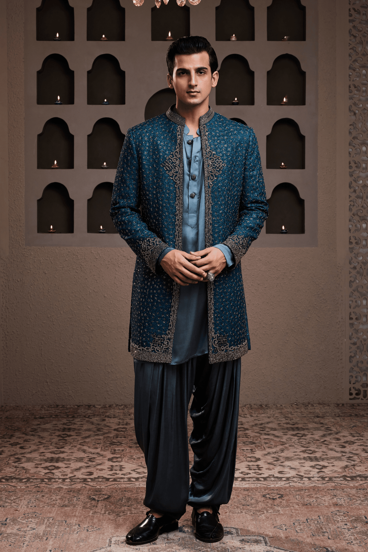 Teal Jacket Kurta Patiyala Set