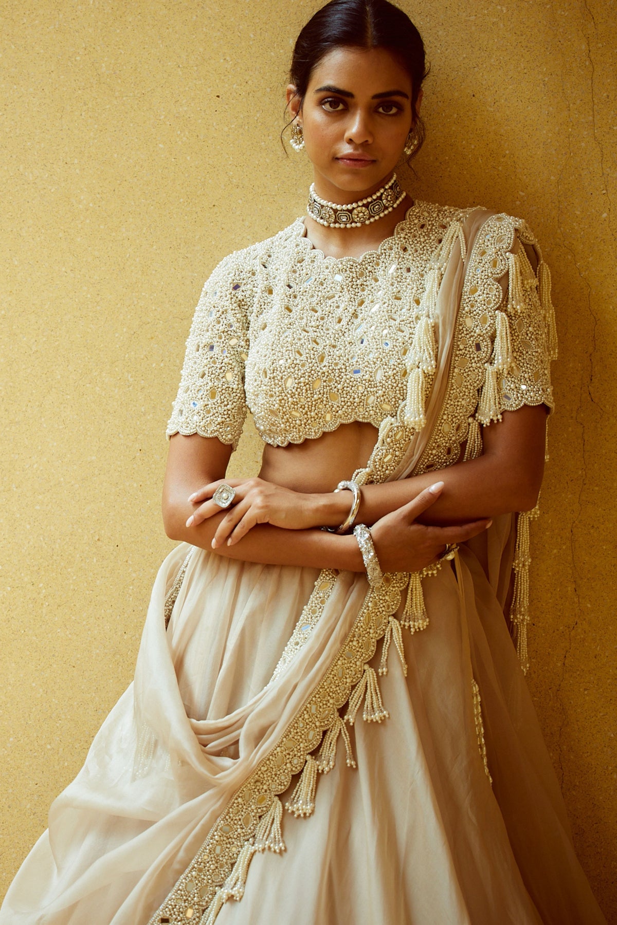 Light Beige Pearl Lehenga Set