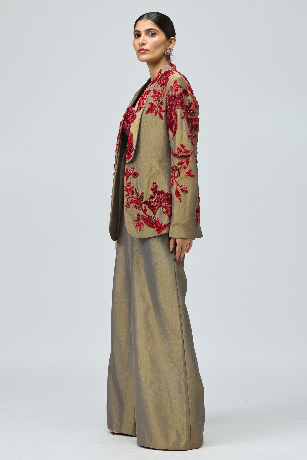 Red Stone Embellished Jacket Set