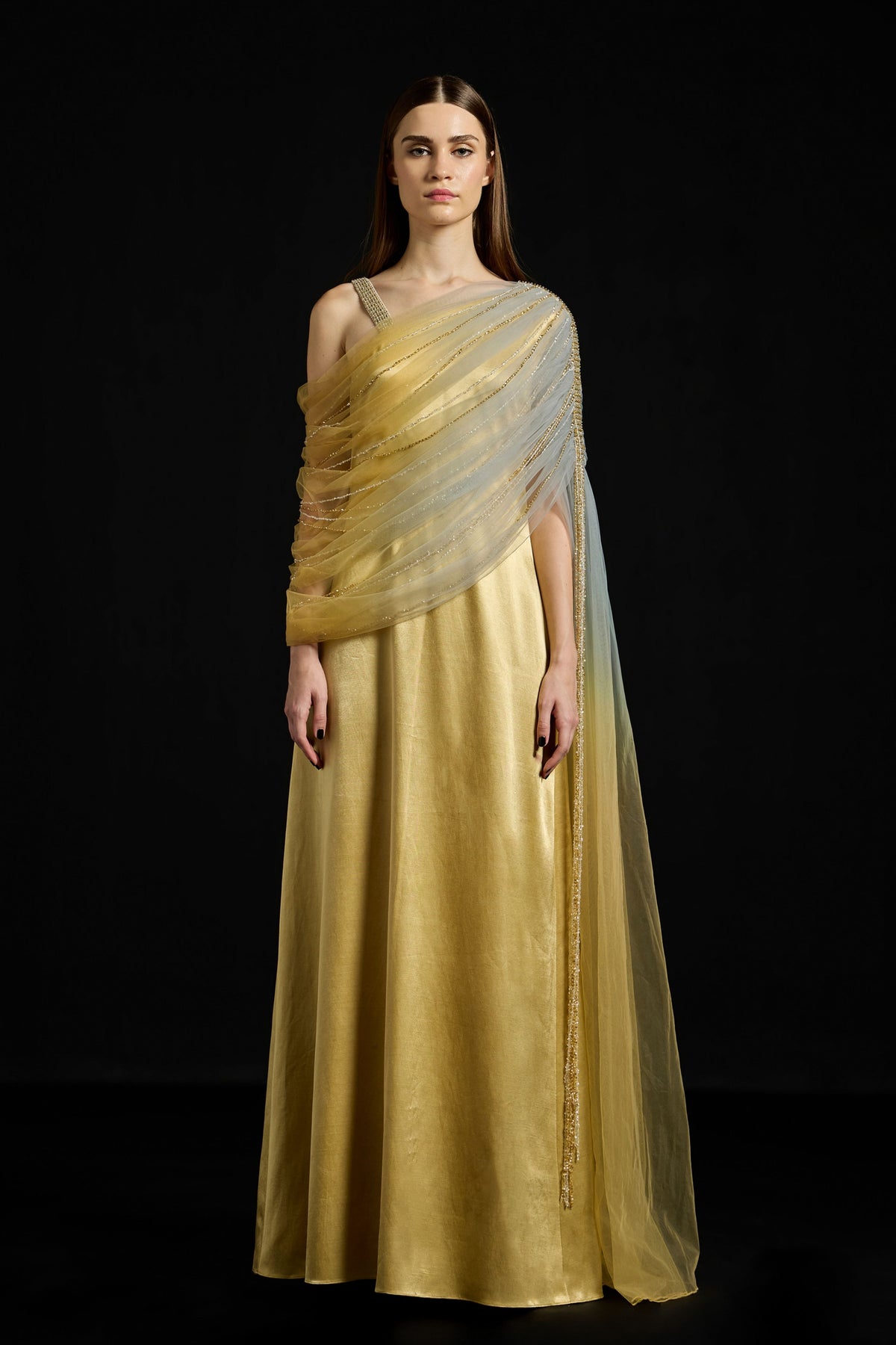 Gathered Draped Tulle Satin Dress