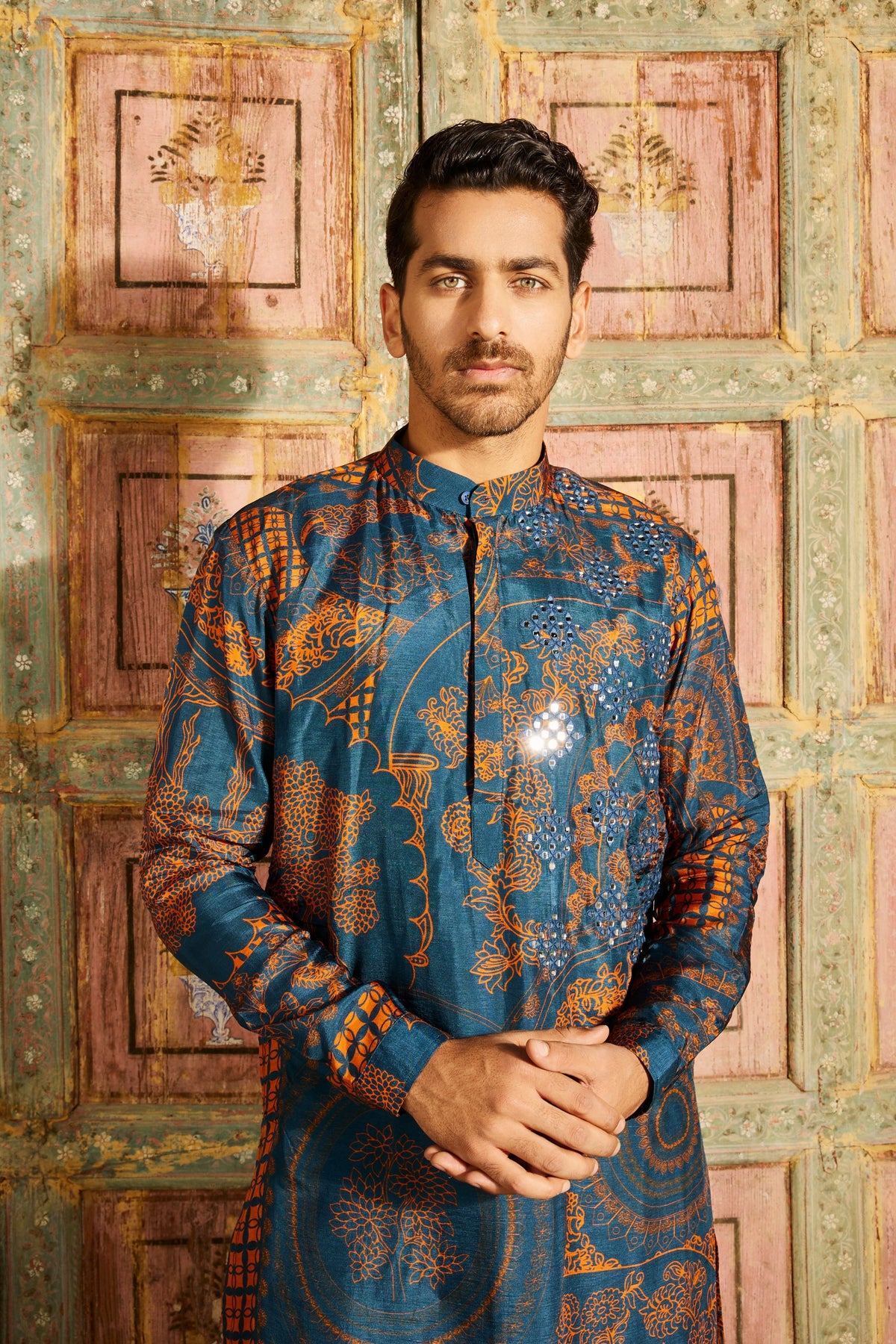 Teal Thikri Highlighted Kurta Set