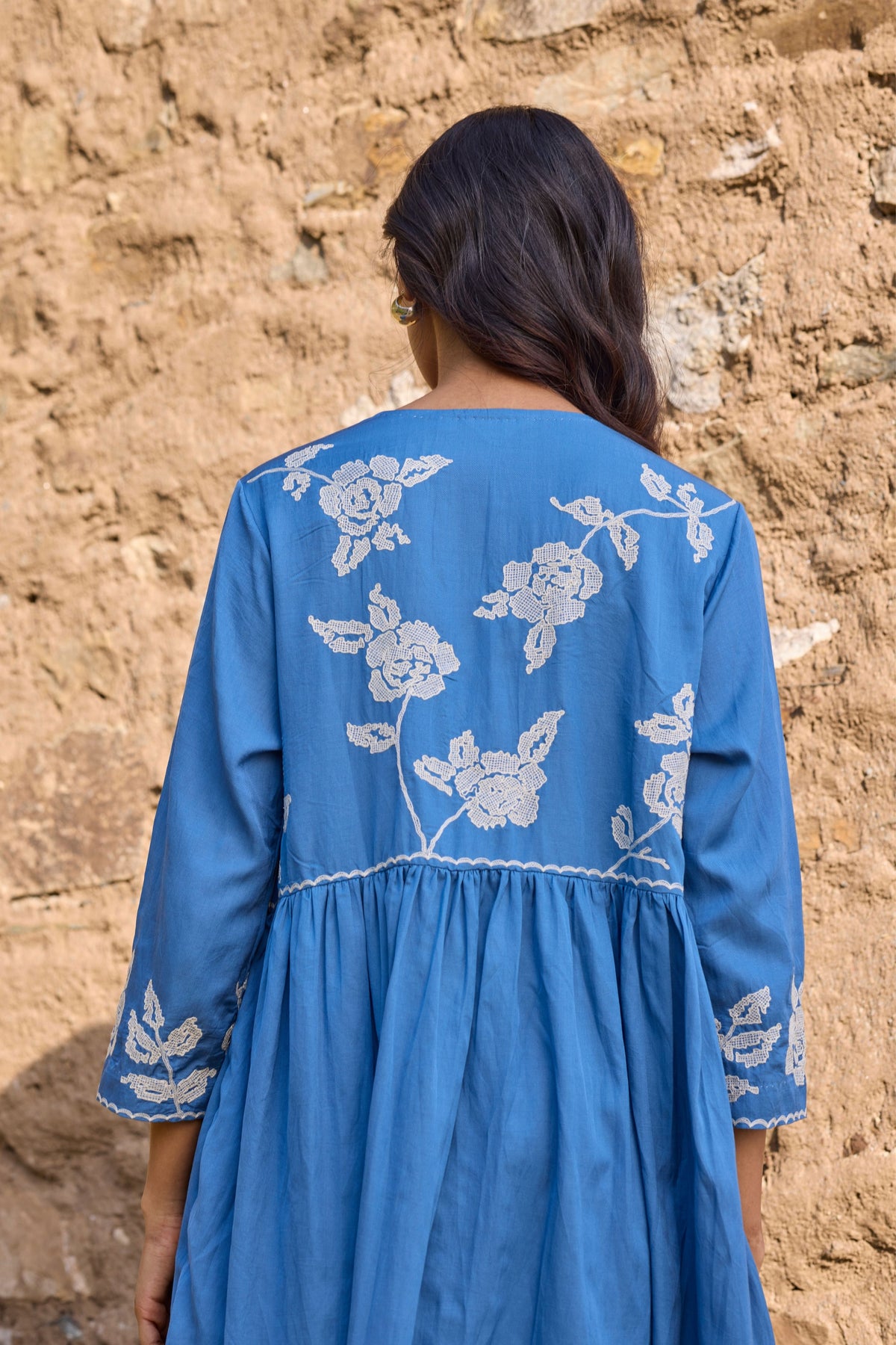 Blue Gathered Embroidered Kurta