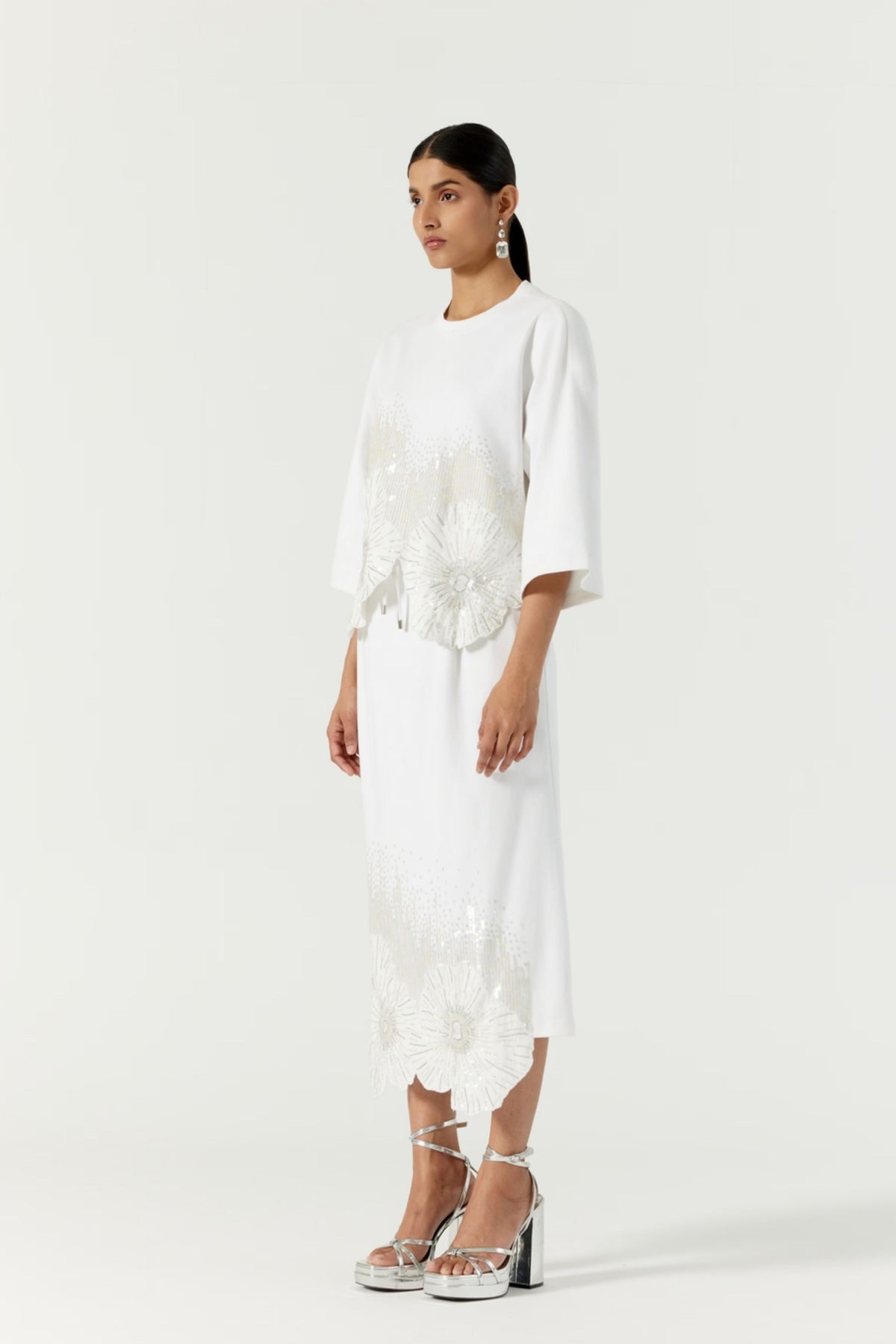 Pansy Printed Hand Embellished White T-Shirt