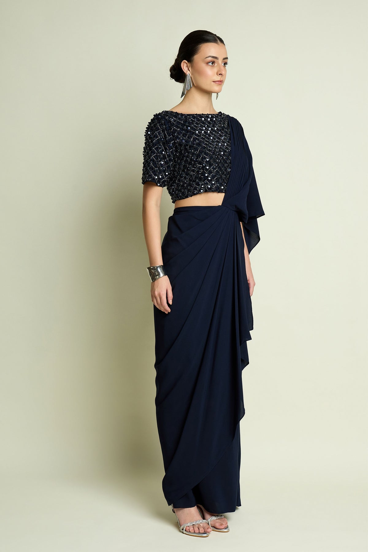 Crystal Navy Draped Saree Set