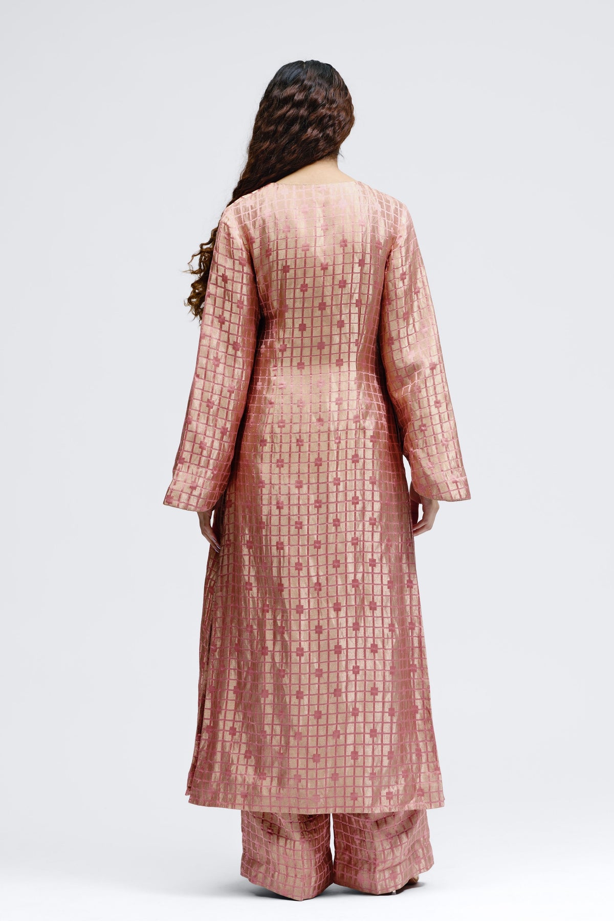 Grid Onion Pink Angrakha Kurta Set