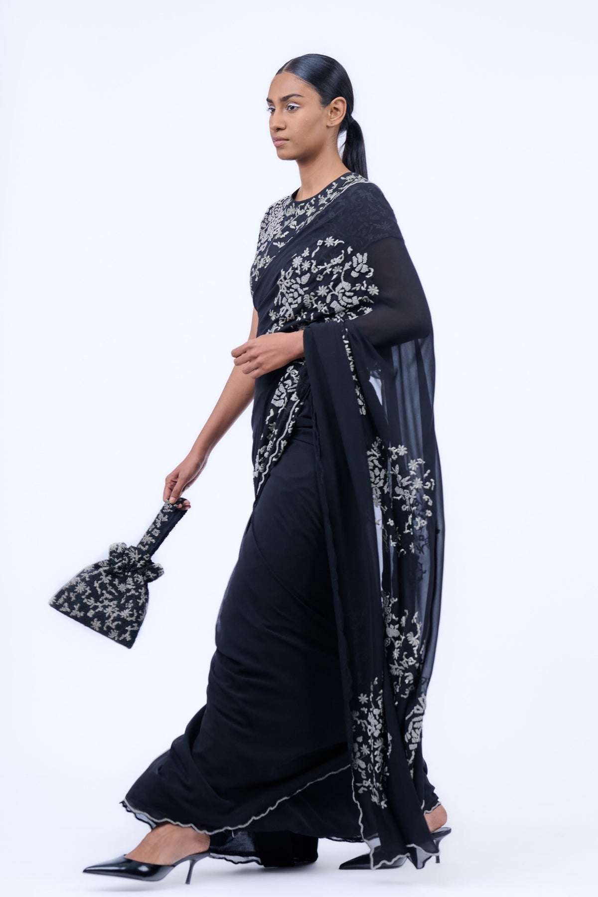 Black Threadwork Georgette Saree