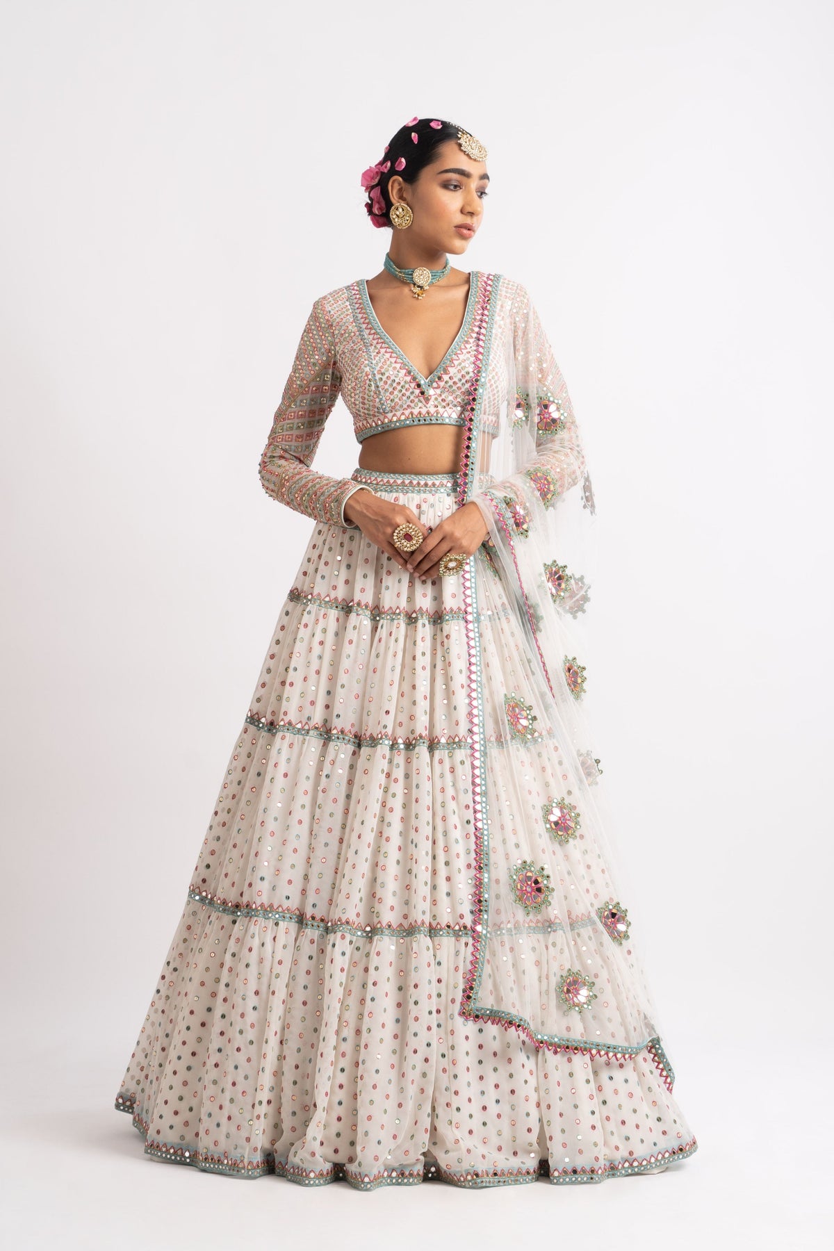 White multi tier lehenga set