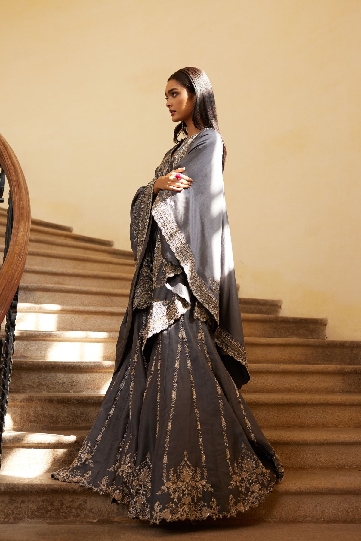 Teal Grey Sharara Cape Set