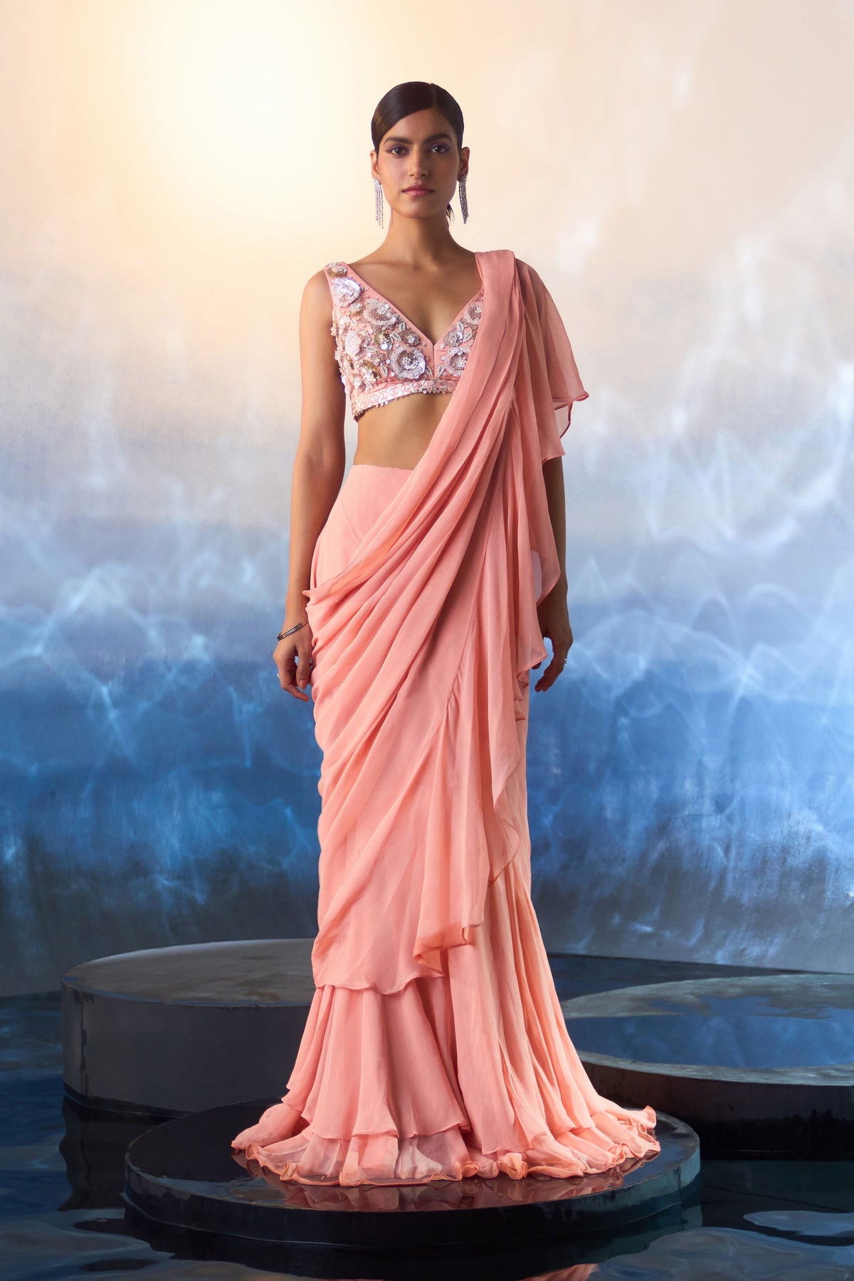 Peach Drape Saree Set