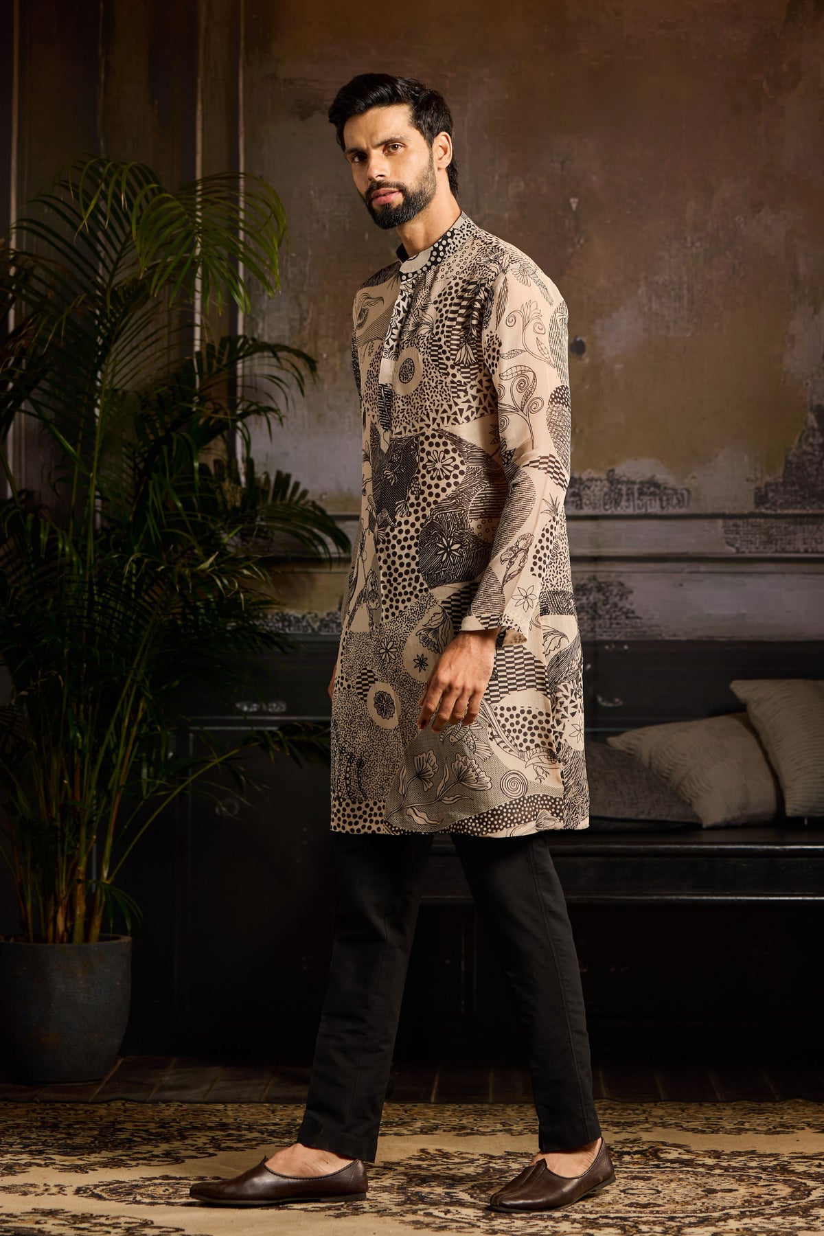 Beige and Black Kurta set