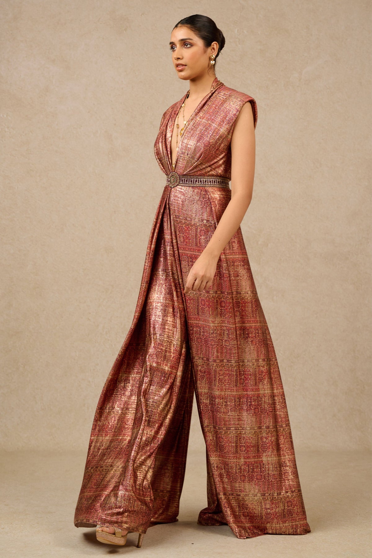 Wine Printed and Panelled Jumpsuit
