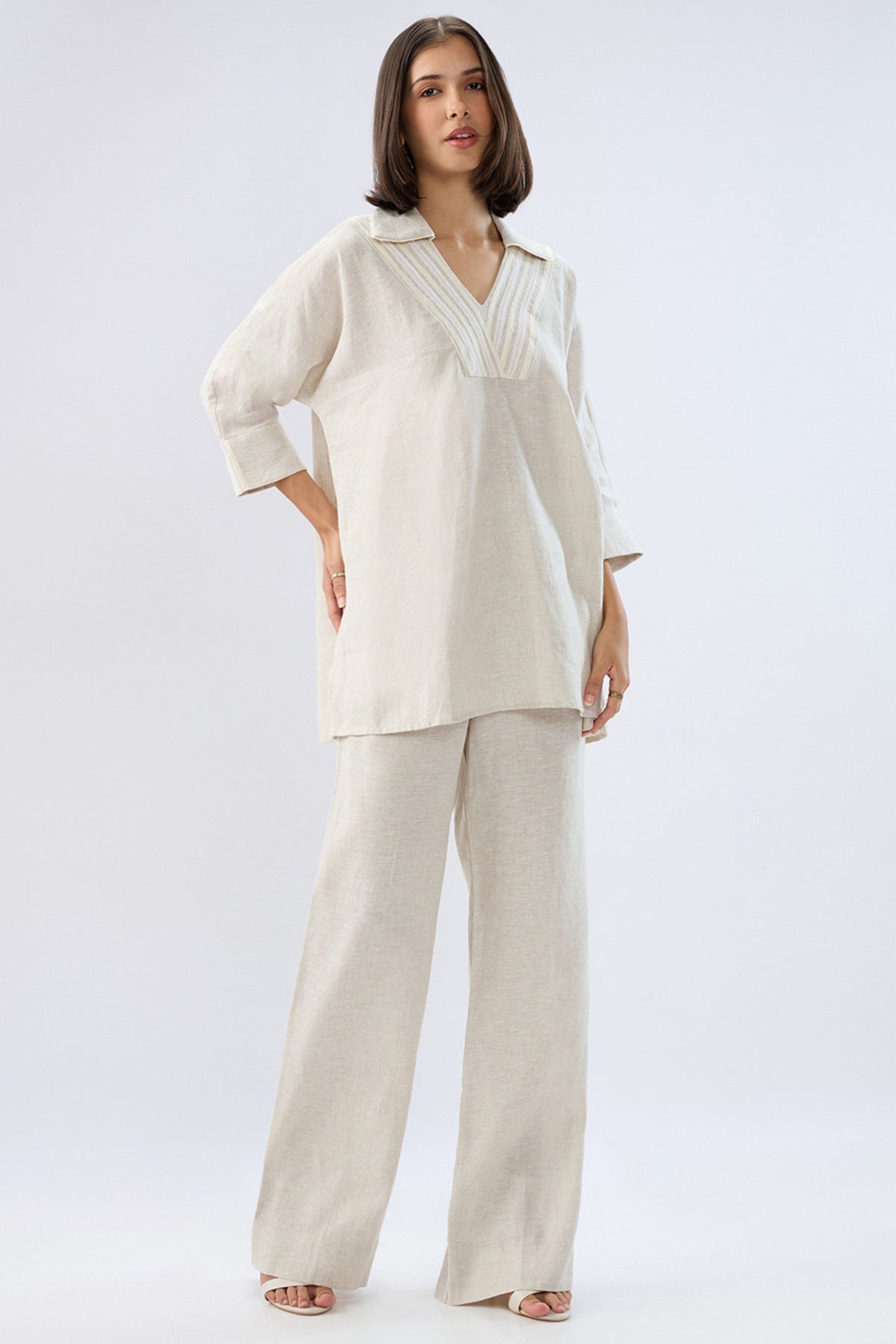 Beige V-neck Co-ord Set
